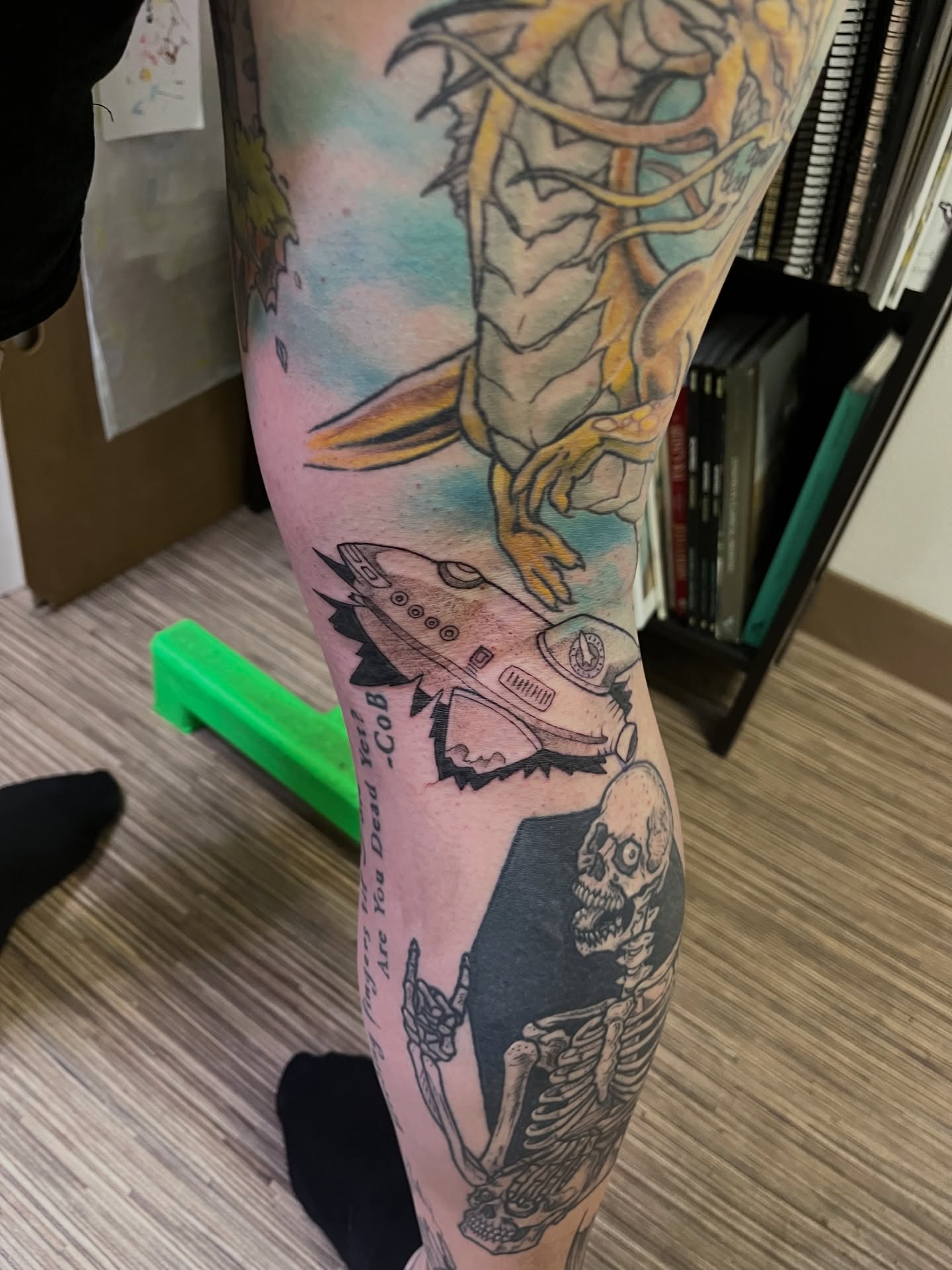 Alien and skeleton new school tattoo on the forearm by Lacey B, Portland, Oregon