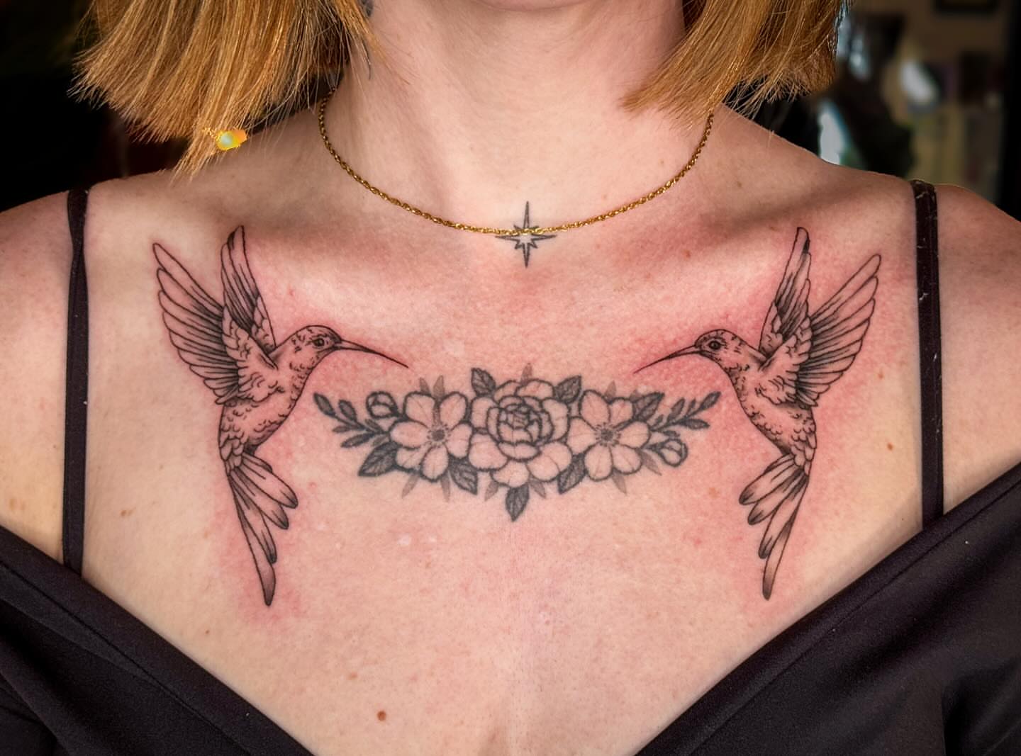 Hummingbirds and floral bouquet realism tattoo on the chest by Ash✨