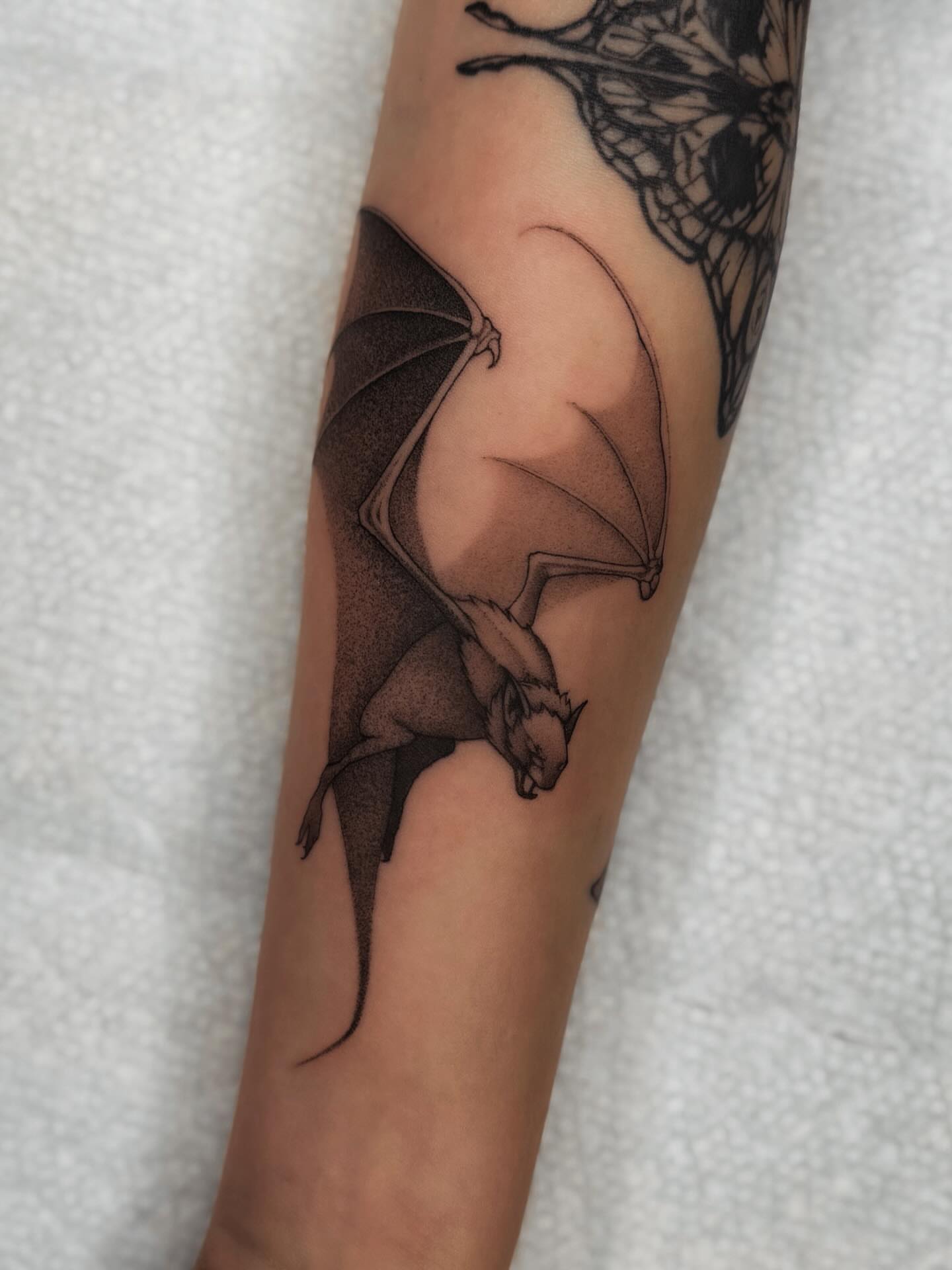 Bat black and grey tattoo on the forearm by 𝔍𝔞𝔯𝔢𝔡 𝔞𝔩𝔩𝔢𝔫