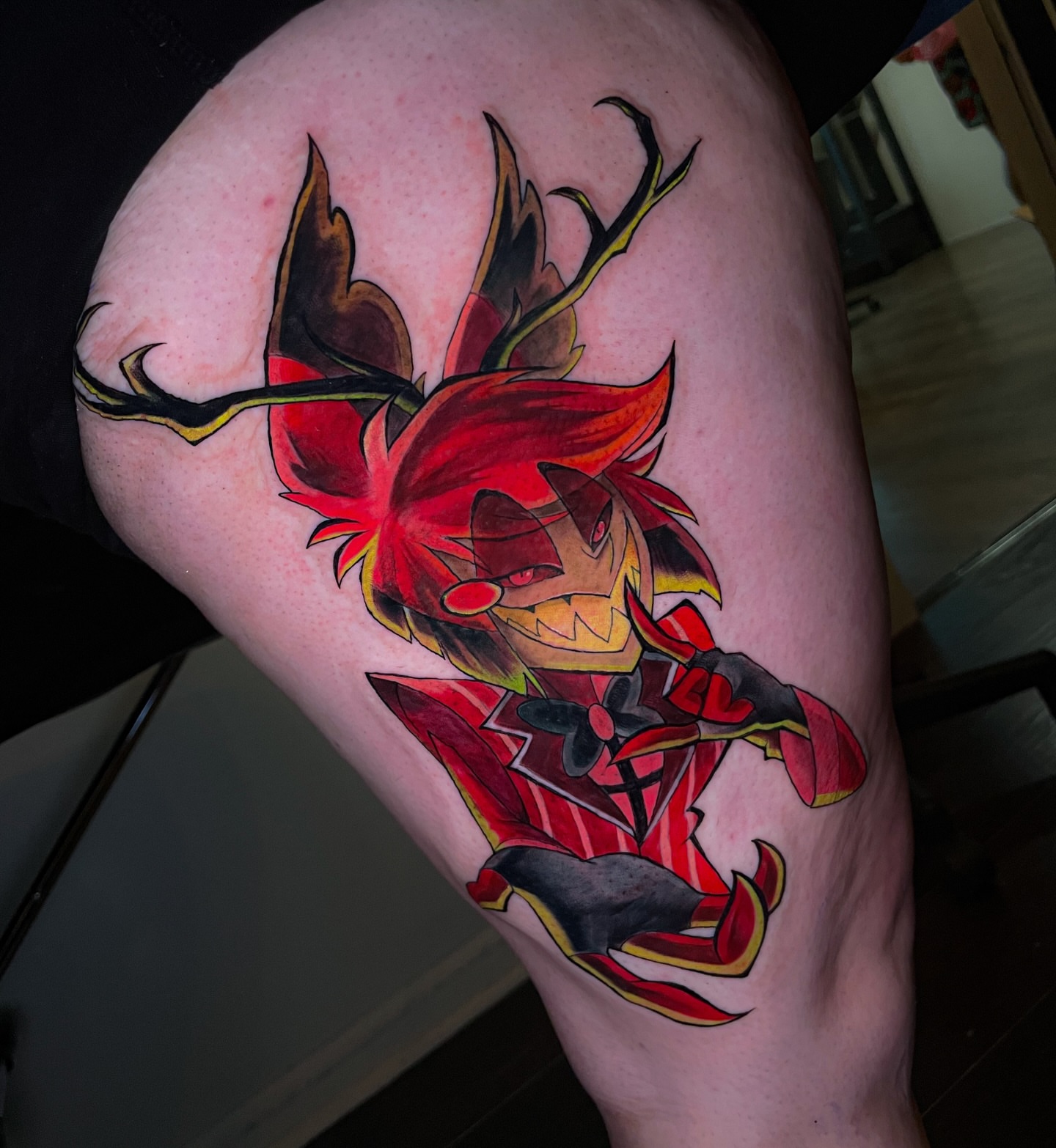Anime character anime tattoo on the thigh by Erica Olivier