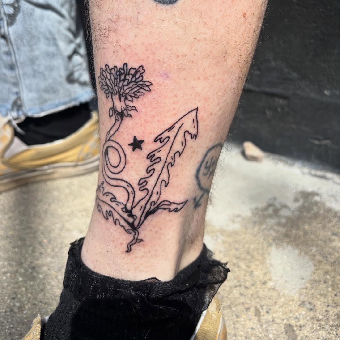 Dandelion black and grey tattoo on the forearm by Hiro Robinson