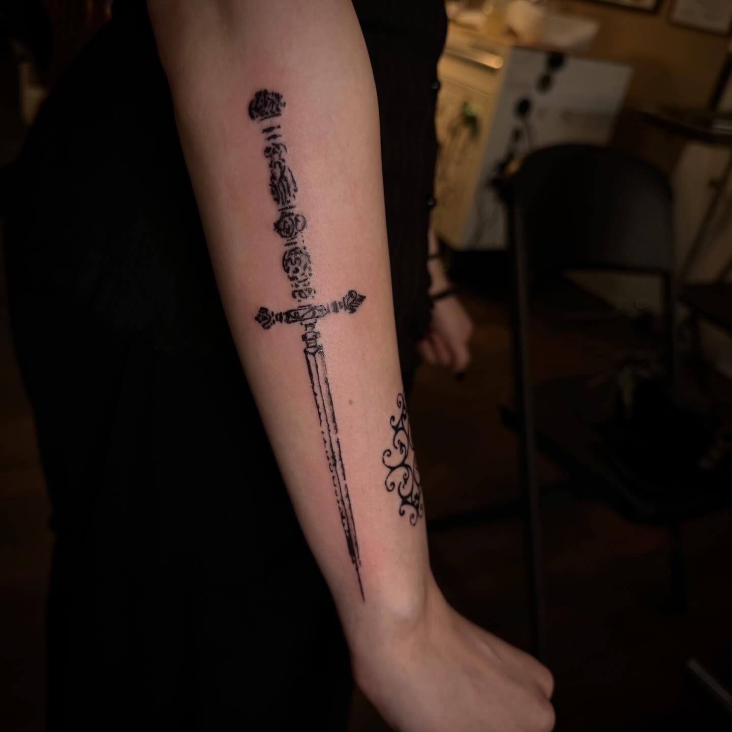 Sword black and grey tattoo on the forearm by π©Έβ βοΈ ππππ βοΈ βπ©Έ