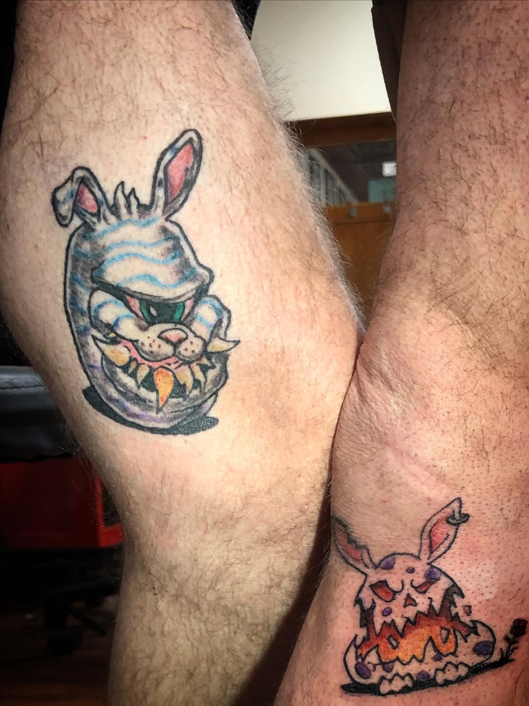Monsters bunnies American traditional tattoo on the thigh by Dharm, Denver, Colorado