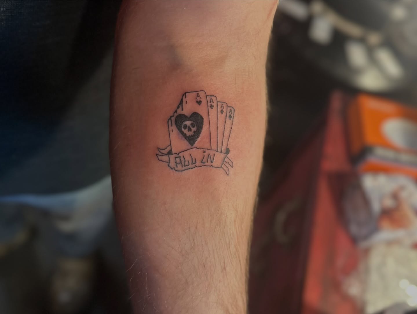 Playing cards black and grey tattoo on the forearm by Lunette : a little moon as simple as that