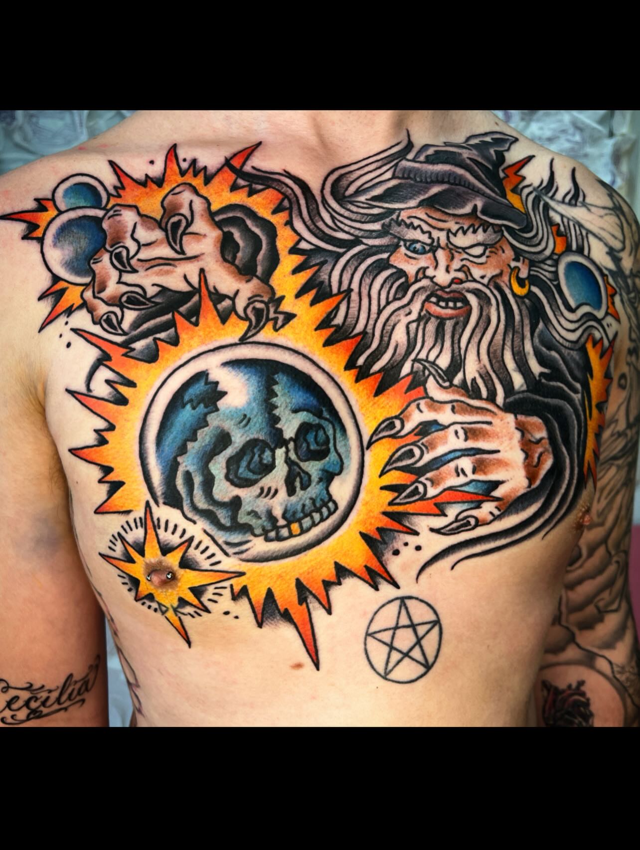 Wizard and skull American traditional tattoo on the chest by Leo 🌞 Pdx Tattoo