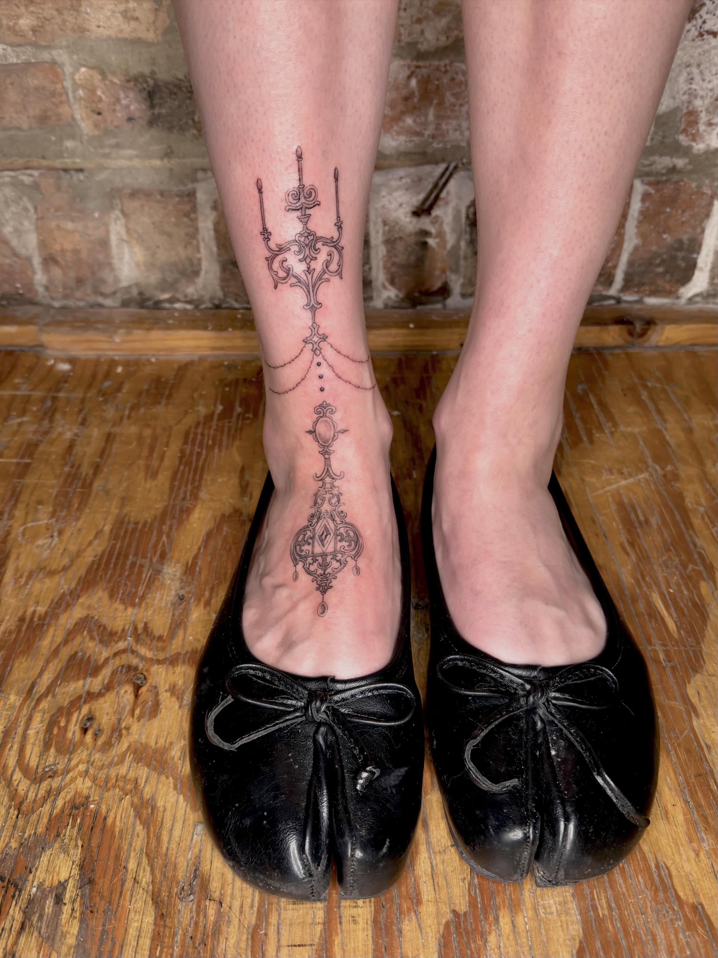 Chandelier ornamental tattoo on the calf by Nayoung, San Francisco, California