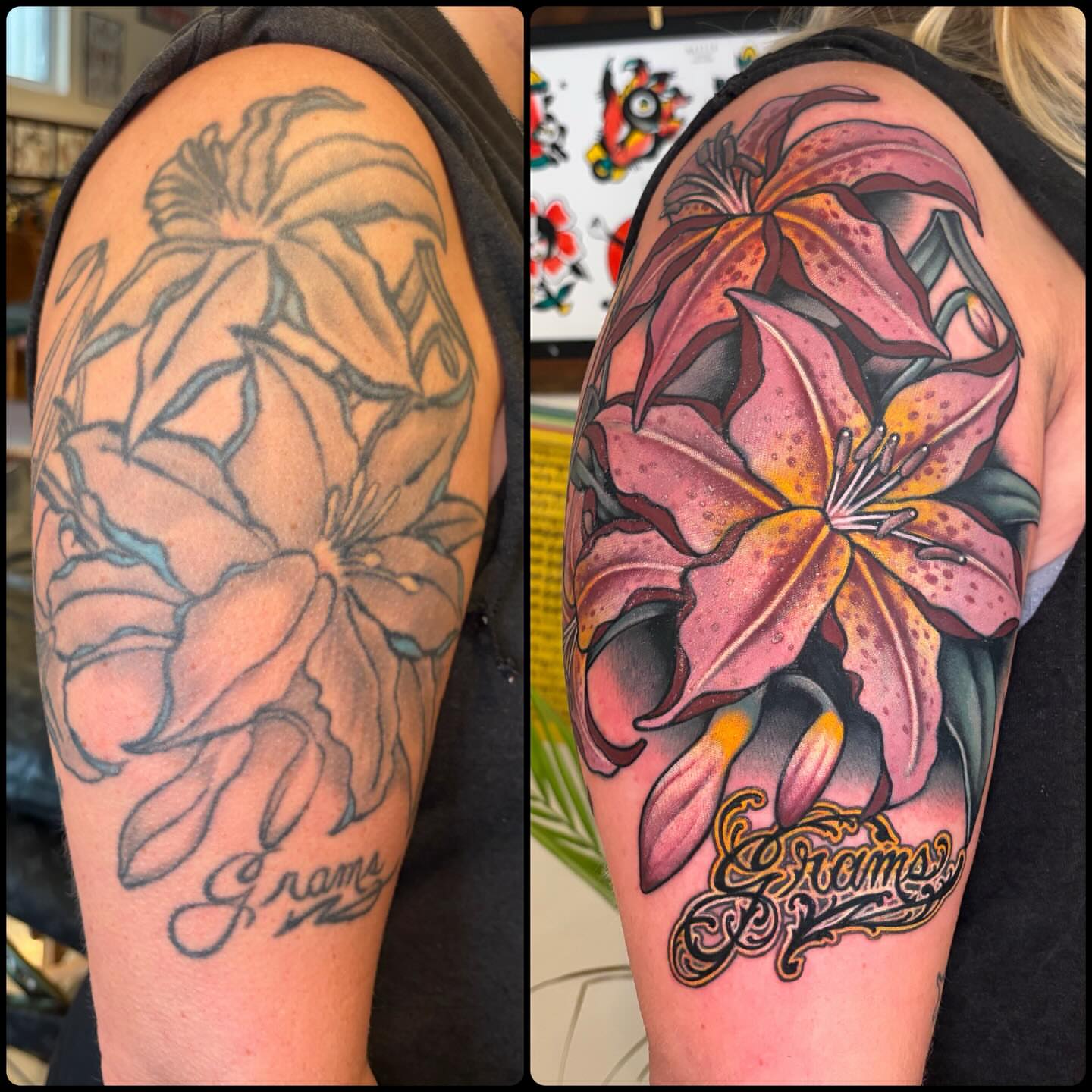 Lily American traditional tattoo on the shoulder by ๐ป๐๐๐ ๐ณ๐๐๐๐๐๐ ๐๐๐