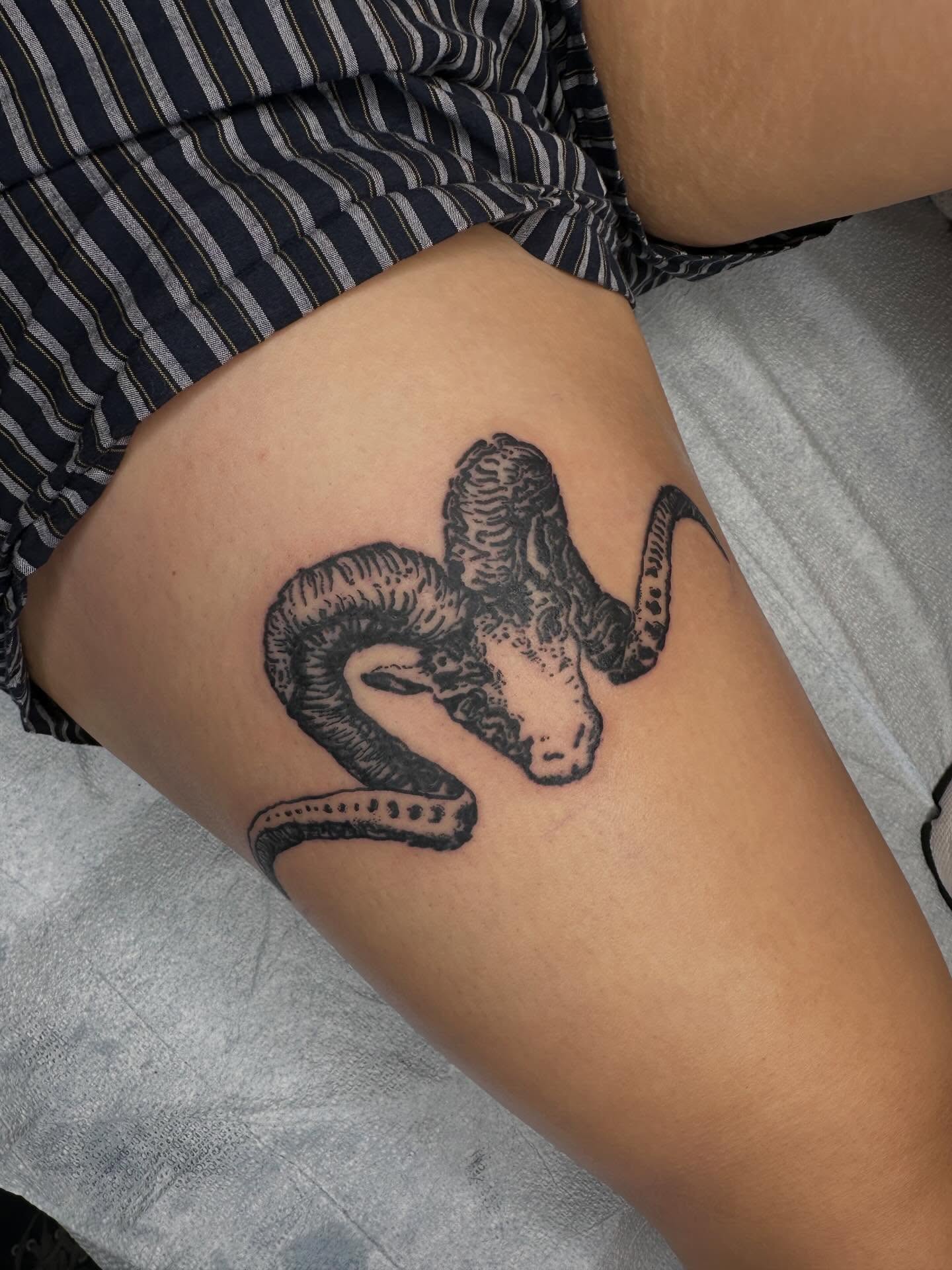 Ram skull black and grey tattoo on the thigh by Alex Gunshefski