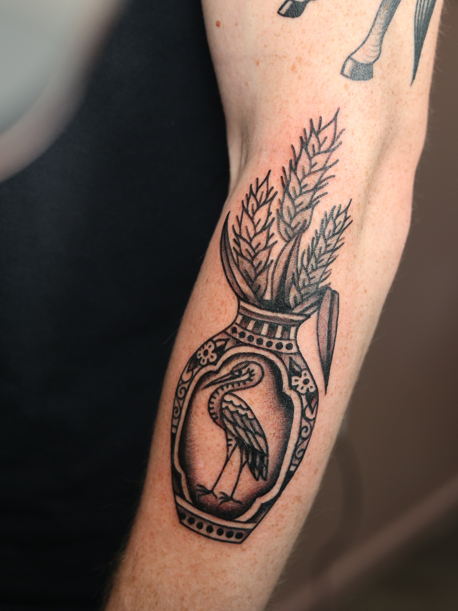 Bird and wheat sheaf American traditional tattoo on the forearm by Dylan Mott