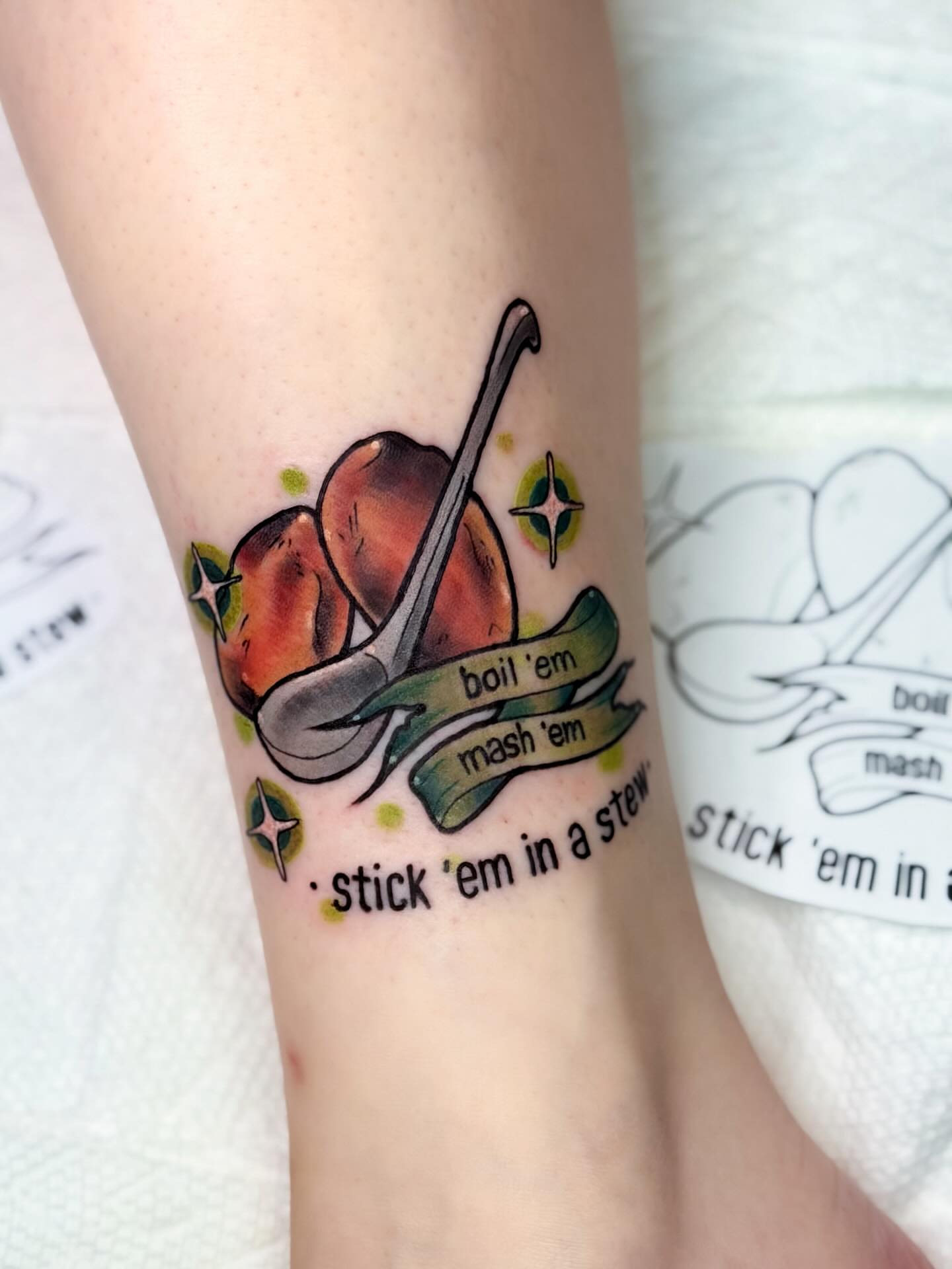 Peach and spoon American traditional tattoo on the forearm by Constance Roberts