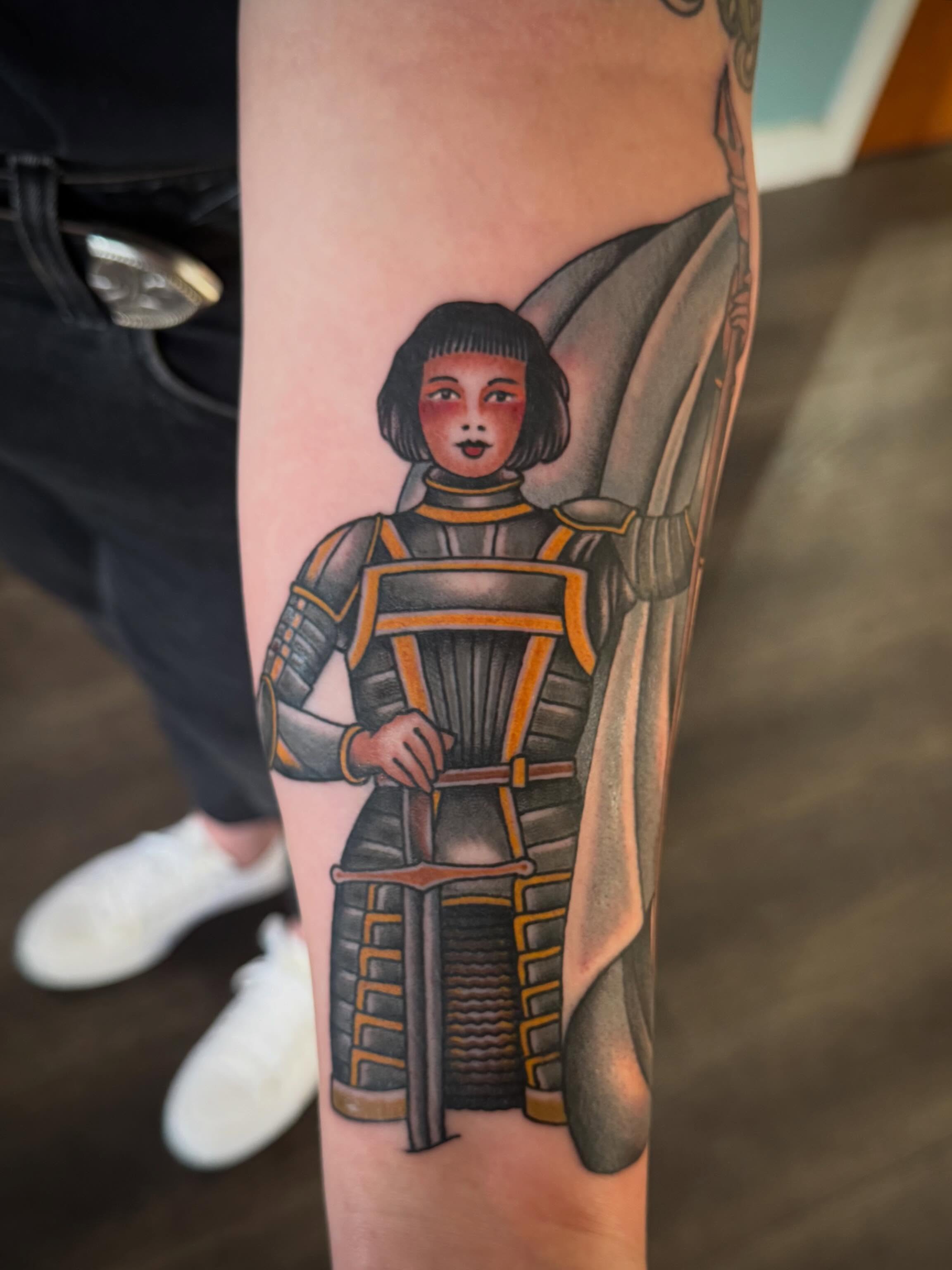 Female warrior realism tattoo on the forearm by Laurent Trelaun, San Francisco, California