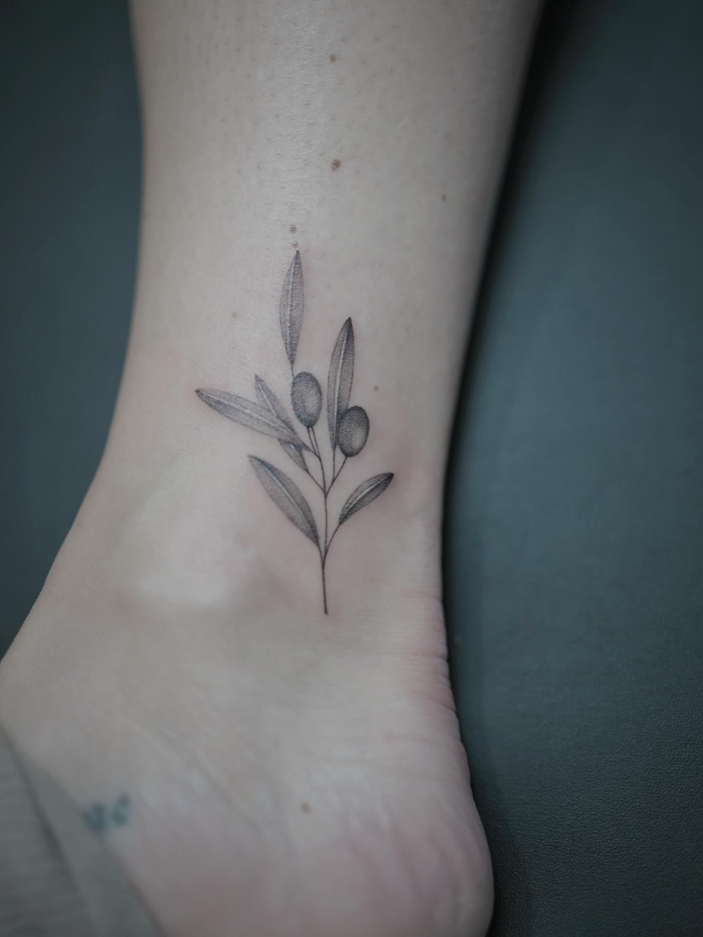 Olive branch black and grey tattoo on the foot by Seattle tattoo artist-Mia