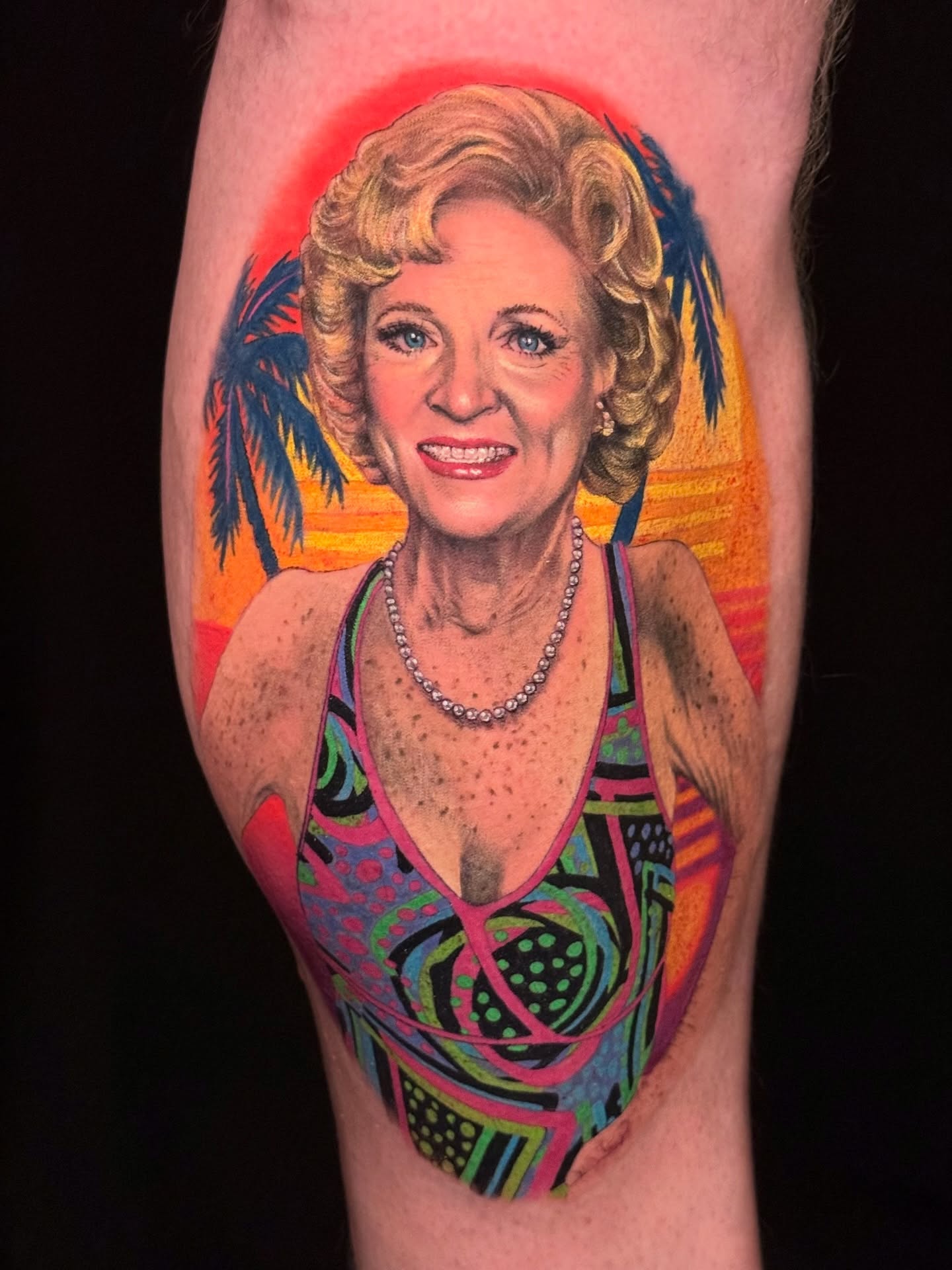 Betty White realism tattoo on the thigh by Christel Perkins