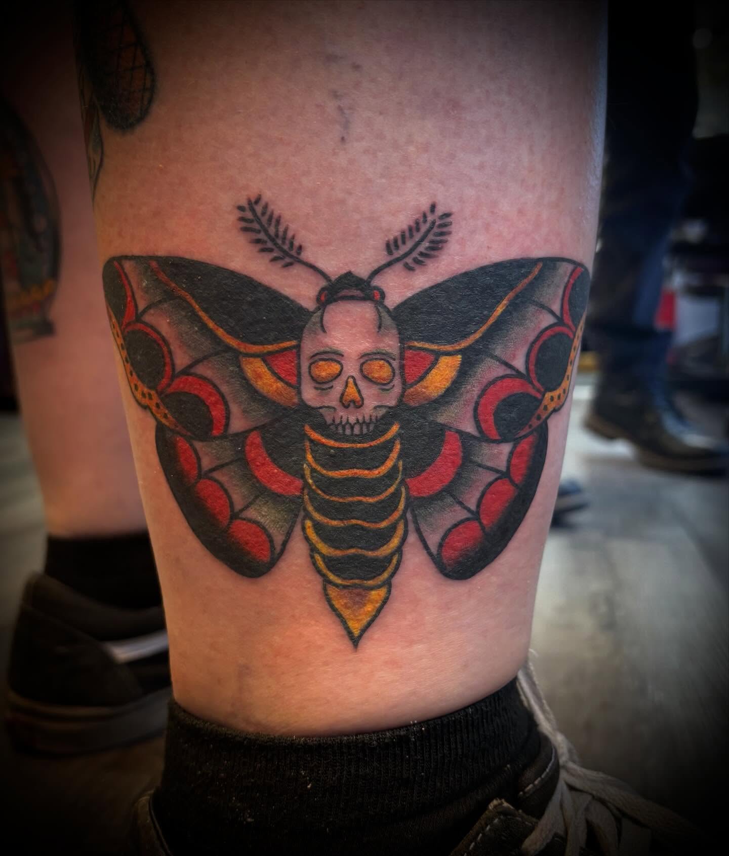 Death moth American traditional tattoo on the forearm by Gardner, Gardner, Massachusetts