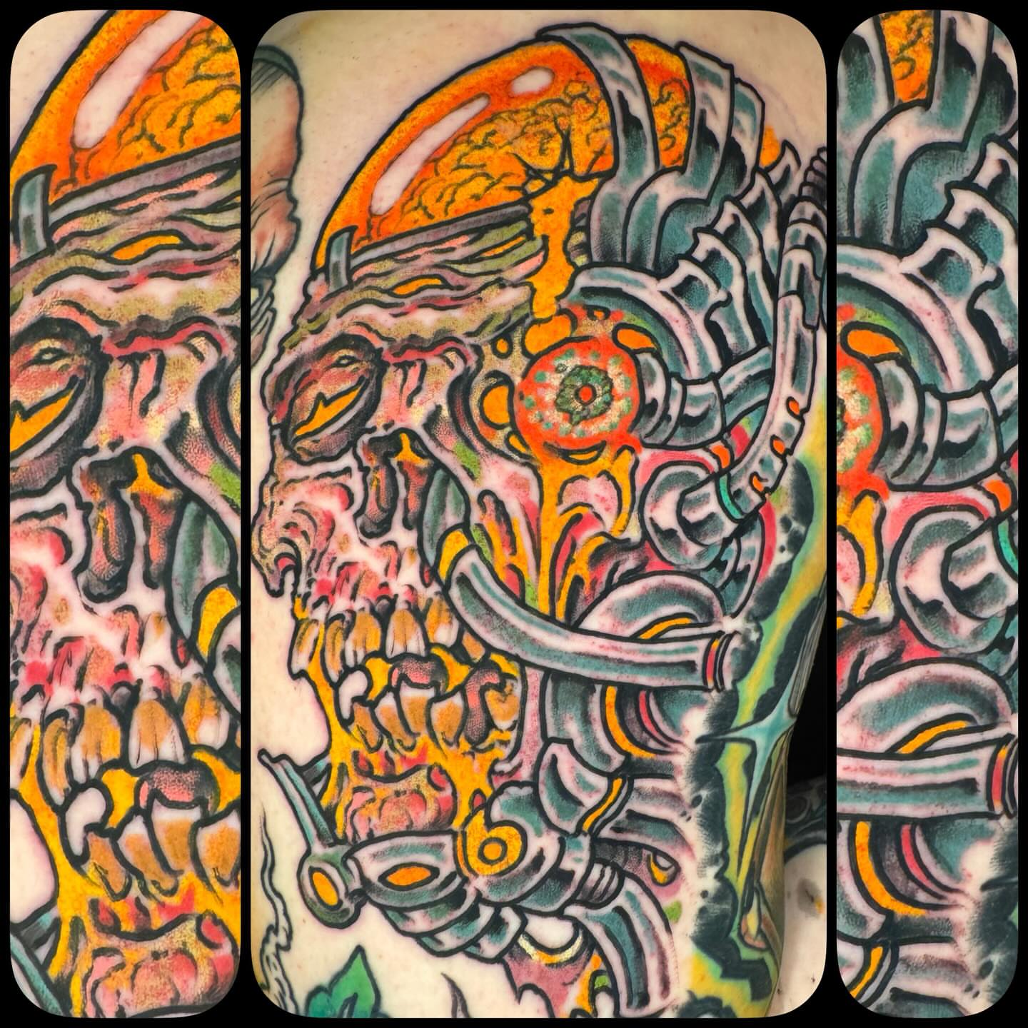 Skull with mechanical elements American traditional tattoo on the forearm by Tim Lehi, Oakland, California