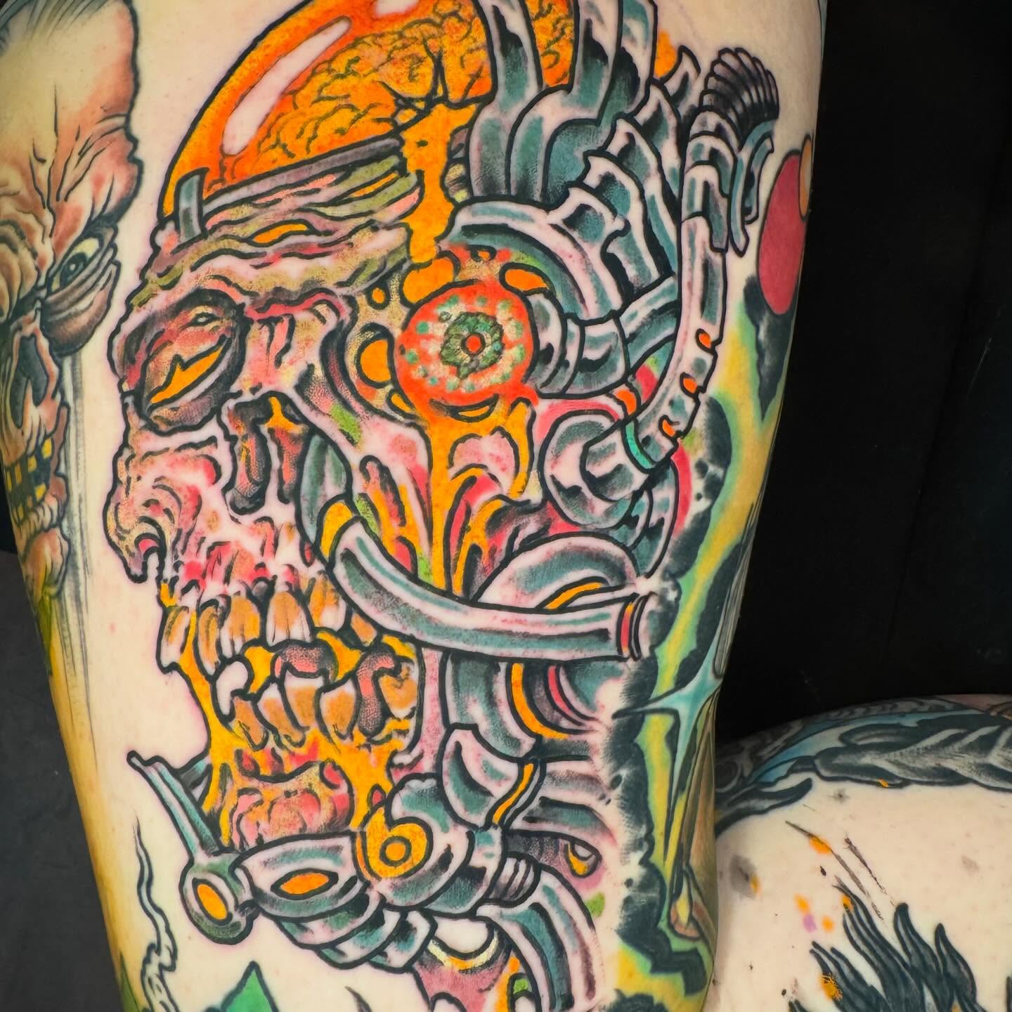 Cyborg skull new school tattoo on the forearm by Tim Lehi, Oakland, California