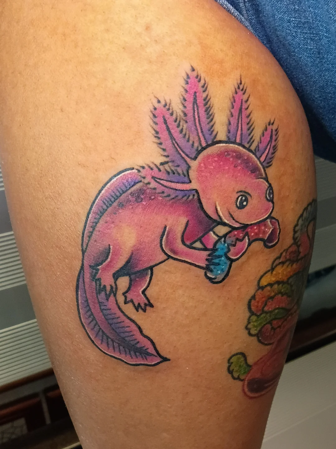 Axolotl new school tattoo on the thigh by Rando Rad