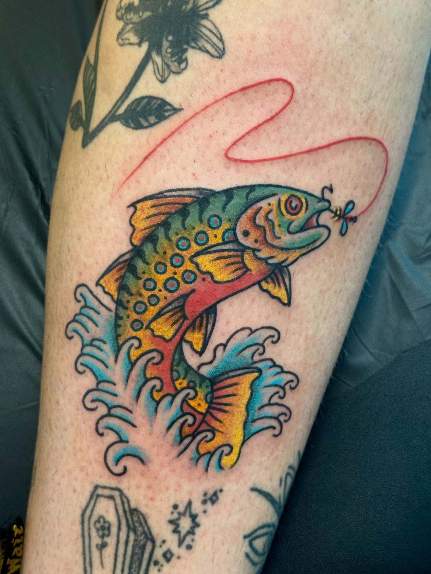 Rainbow trout American traditional tattoo on the forearm by Jesse Boss, Nashville, Tennessee