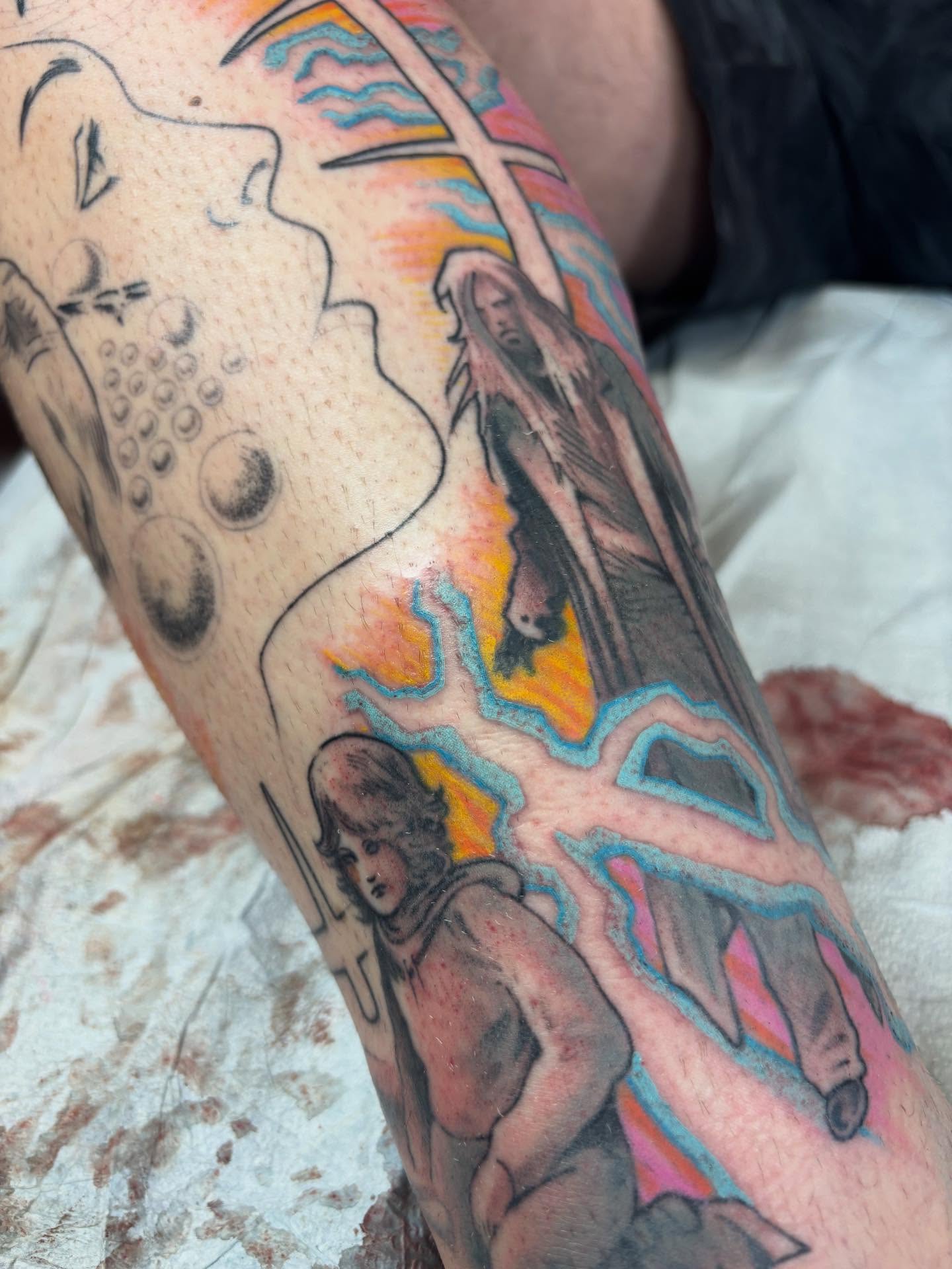 Religious figures illustrative tattoo on the forearm by dayton skuse, Portland, Oregon