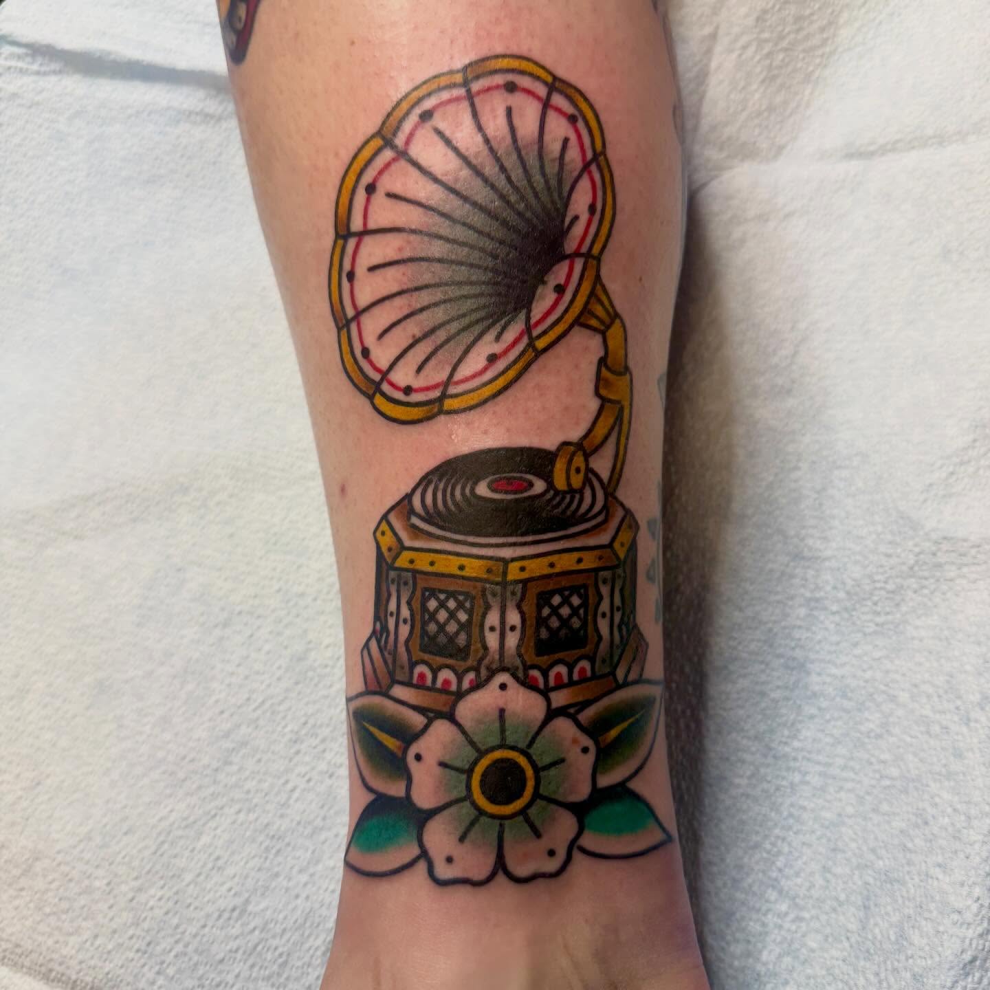 Gramophone American traditional tattoo on the forearm by Ryan Moraski, Colorado Springs, Colorado