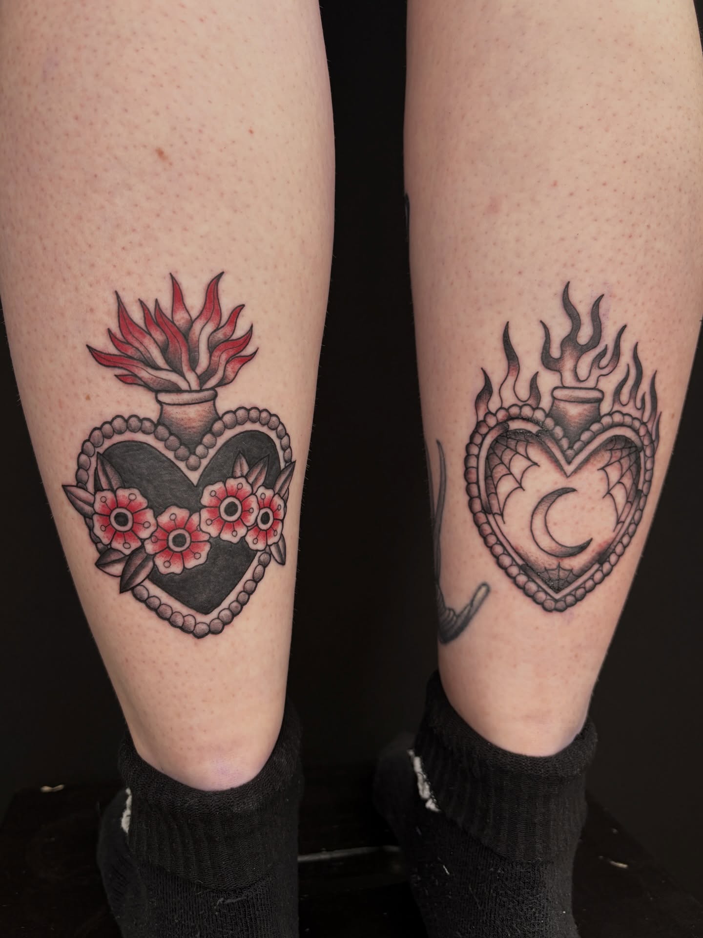 Flaming heart American traditional tattoo on the calf by Poppy Olivia Deards