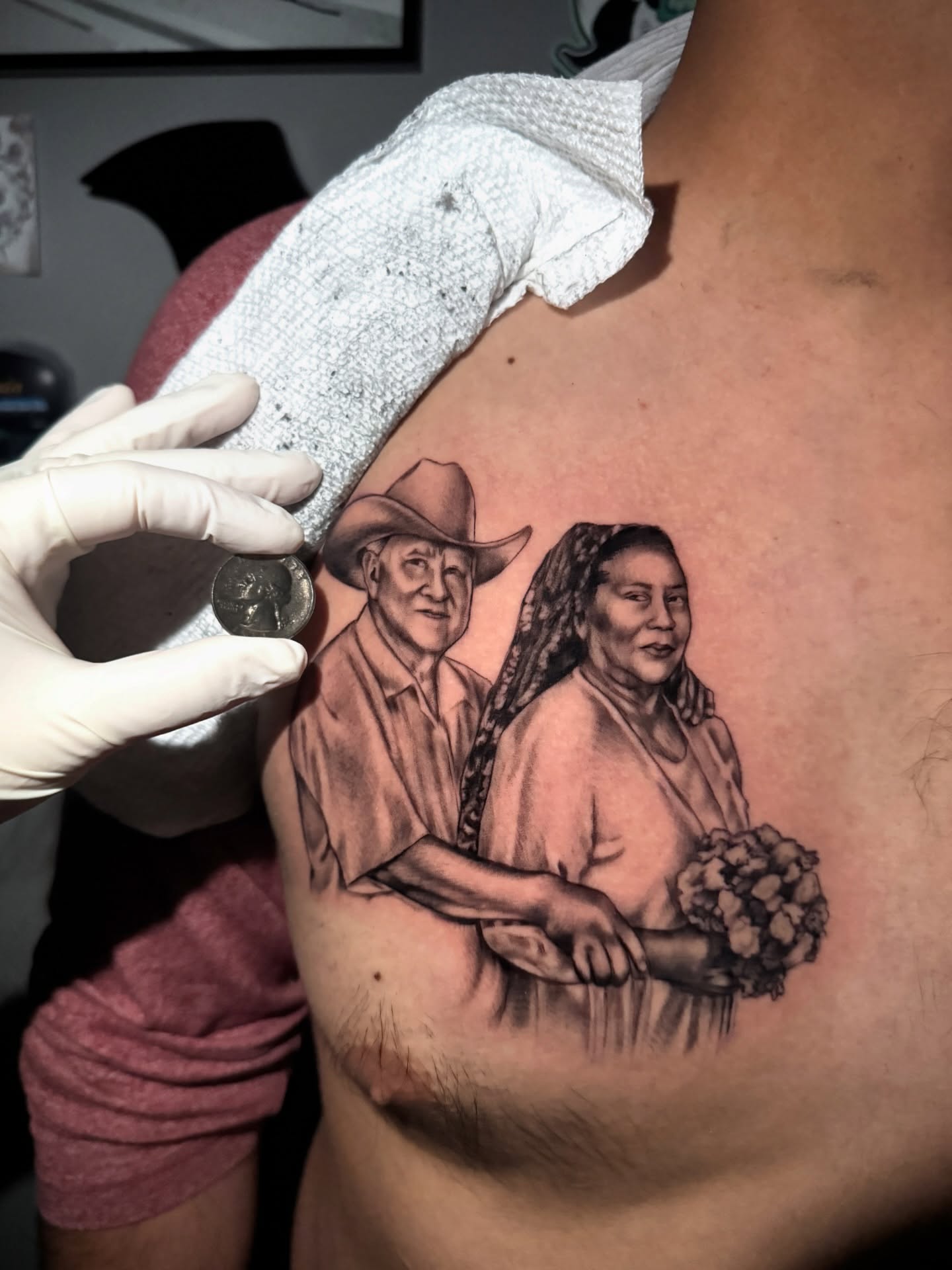 Couple portrait realism tattoo on the chest by @mexcellent_tattoos