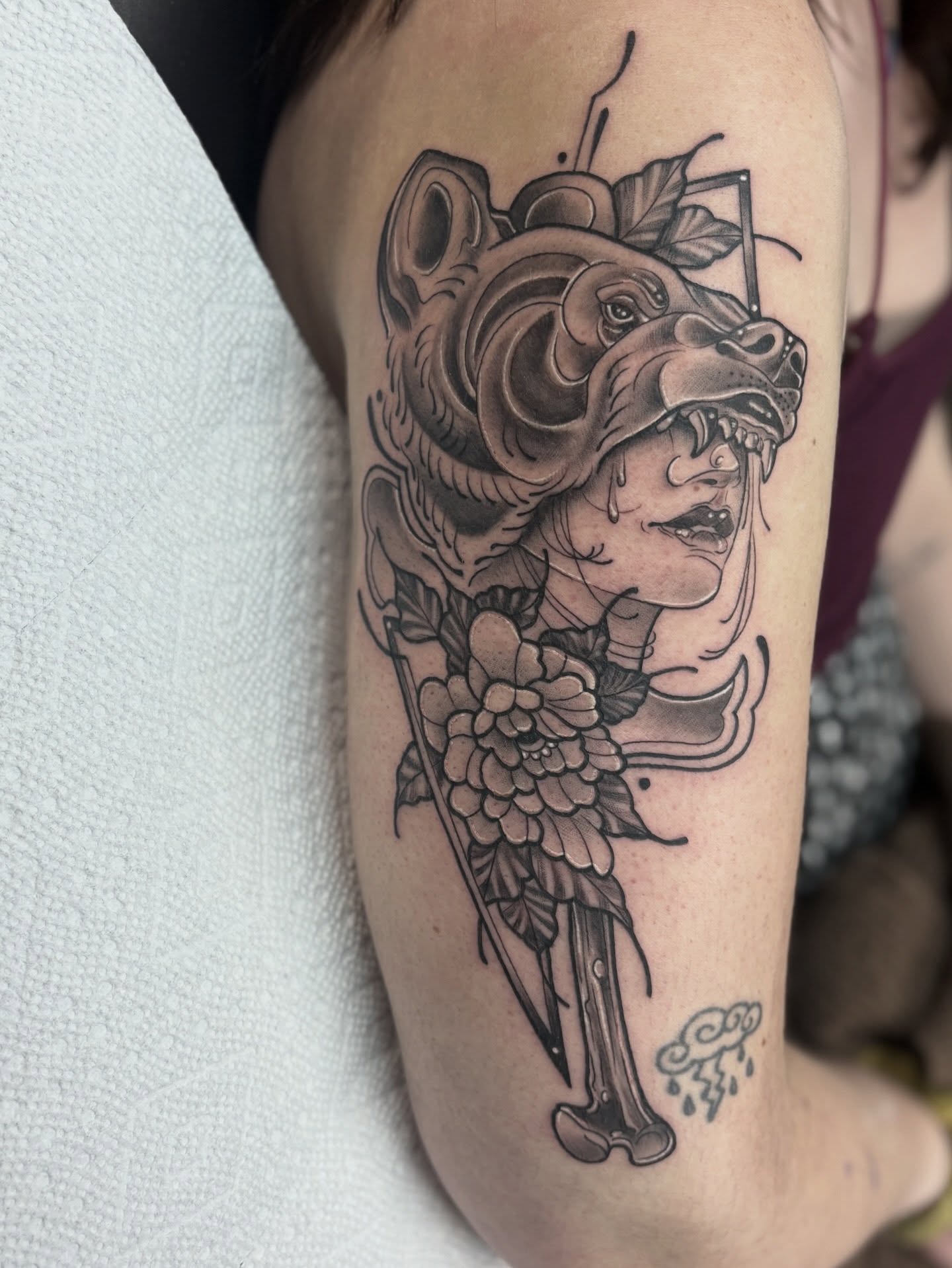 Bear and woman American traditional tattoo on the forearm by Genevieve Ehlers, Denver, Colorado
