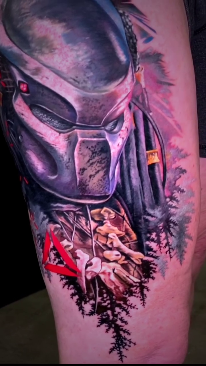 Predator mask with figures realism tattoo by Noelin Wheeler