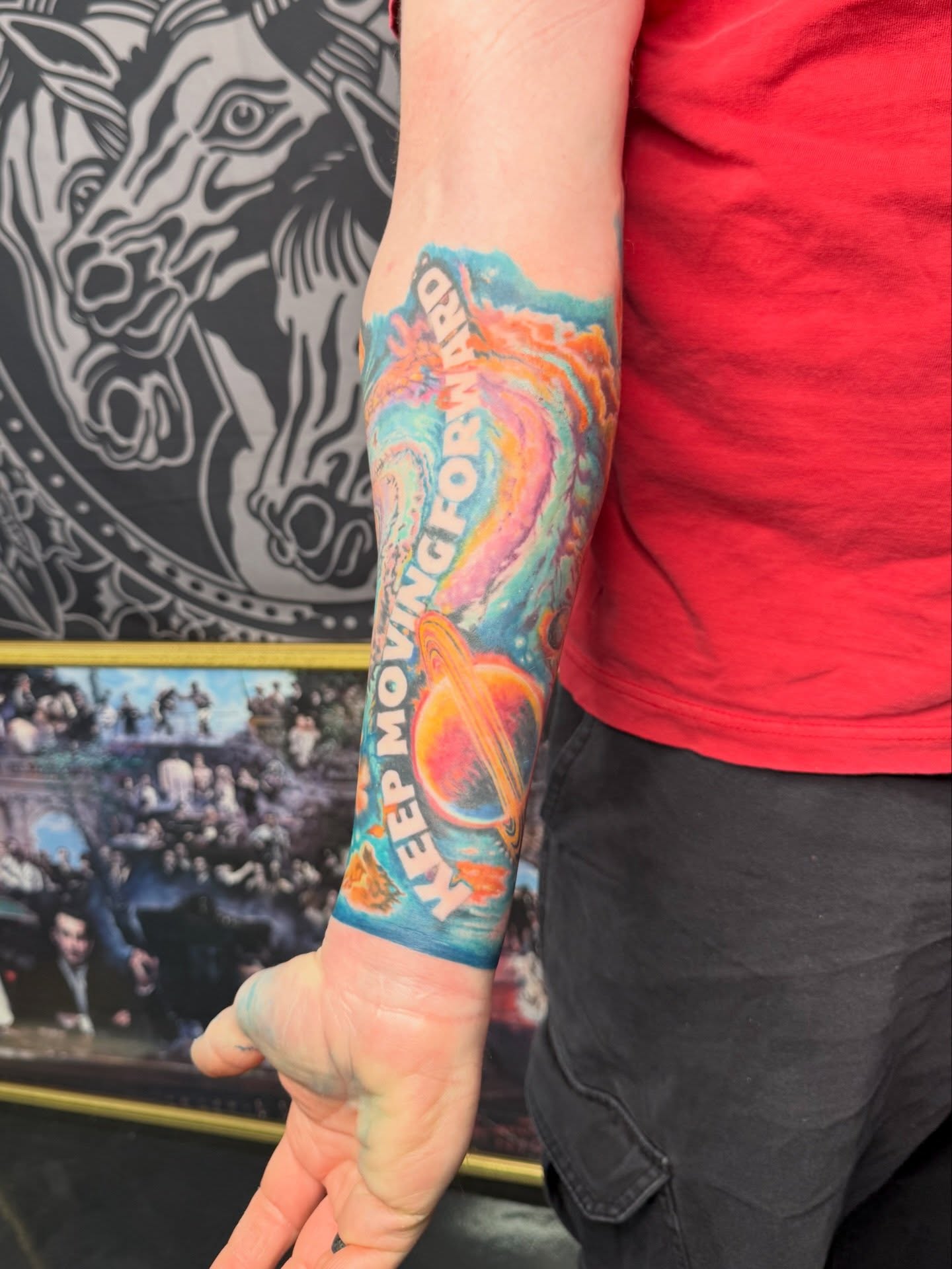 Space scene new school tattoo on the forearm by Kelcie Koolaid : Tattoo artwork