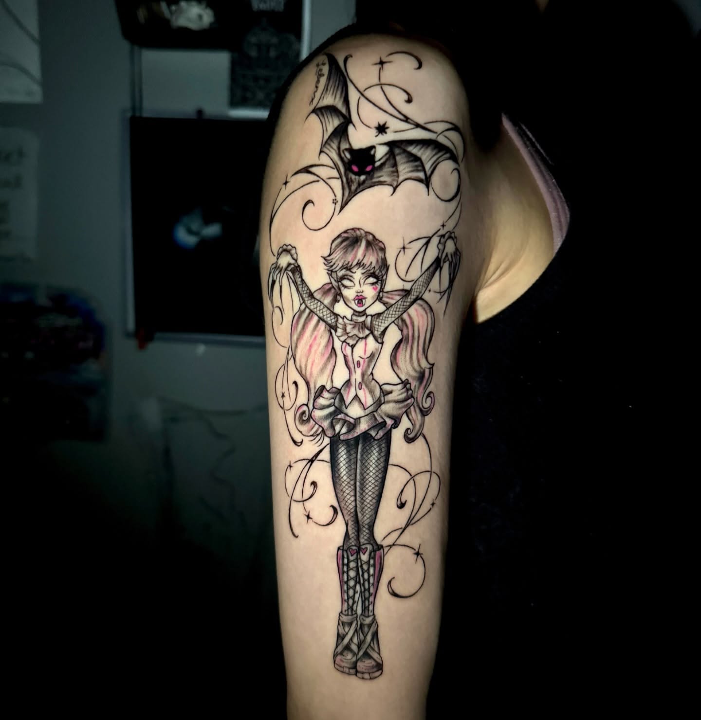 Gothic girl with bat dark realism tattoo on the forearm by @mexcellent_tattoos