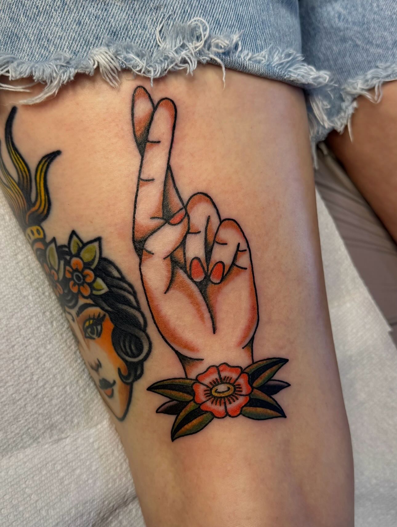 Peace sign American traditional tattoo on the thigh by ＊ Carly James ＊