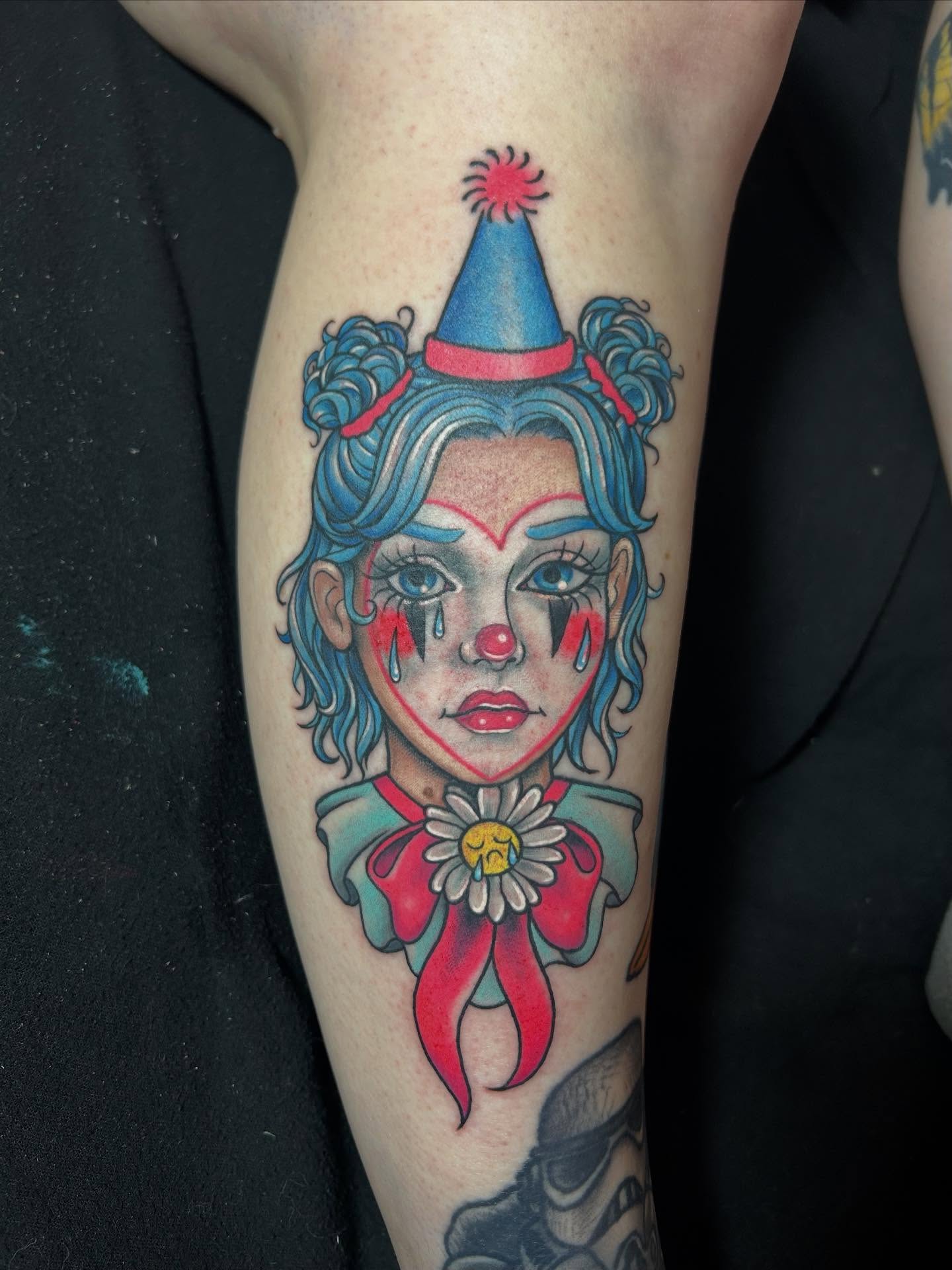 Clown American traditional tattoo on the forearm by Mary Rose Heckle