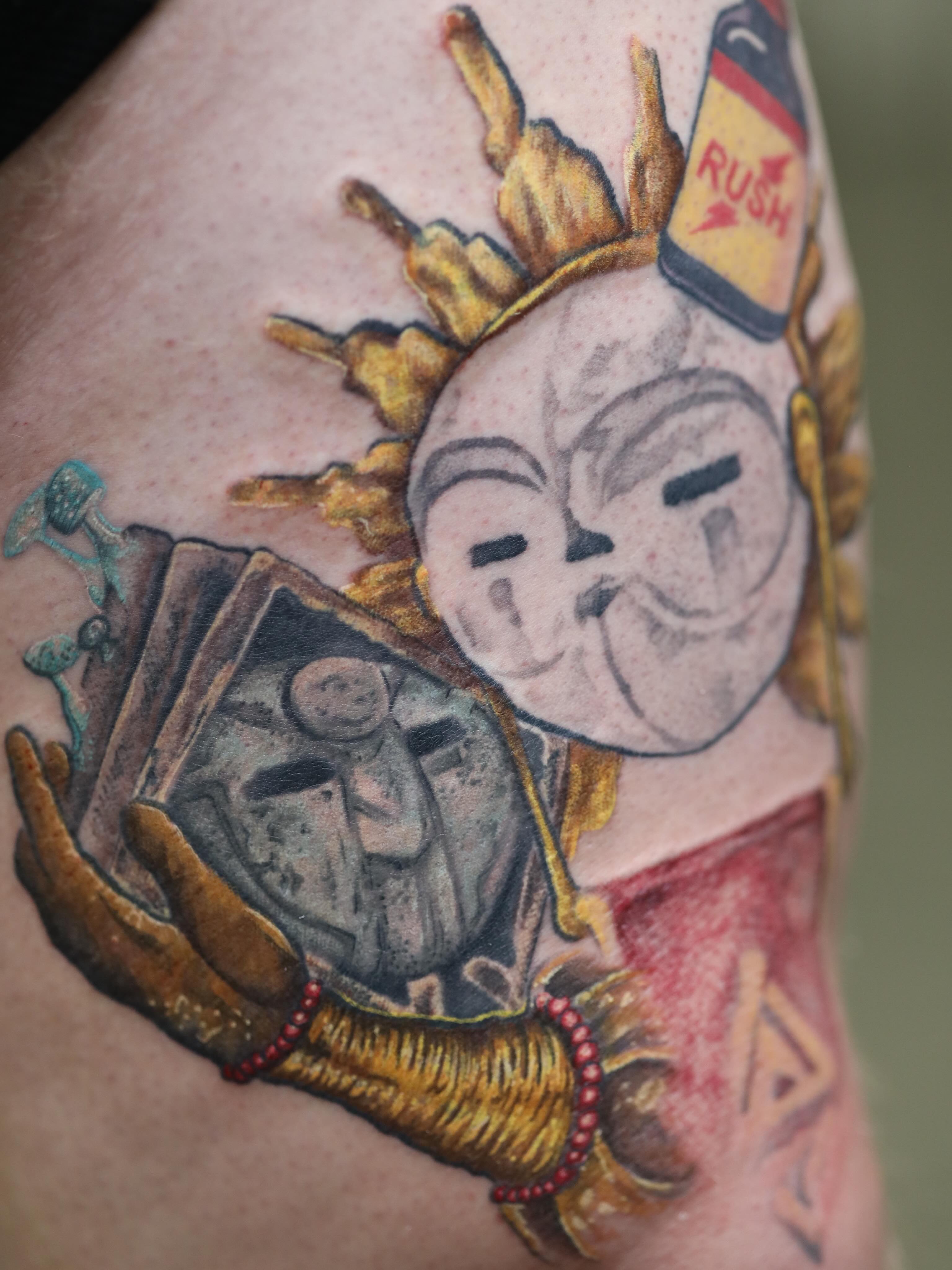 Mask with crown dotwork tattoo on the forearm by LiteBriteTattoo, Salt Lake City, Utah