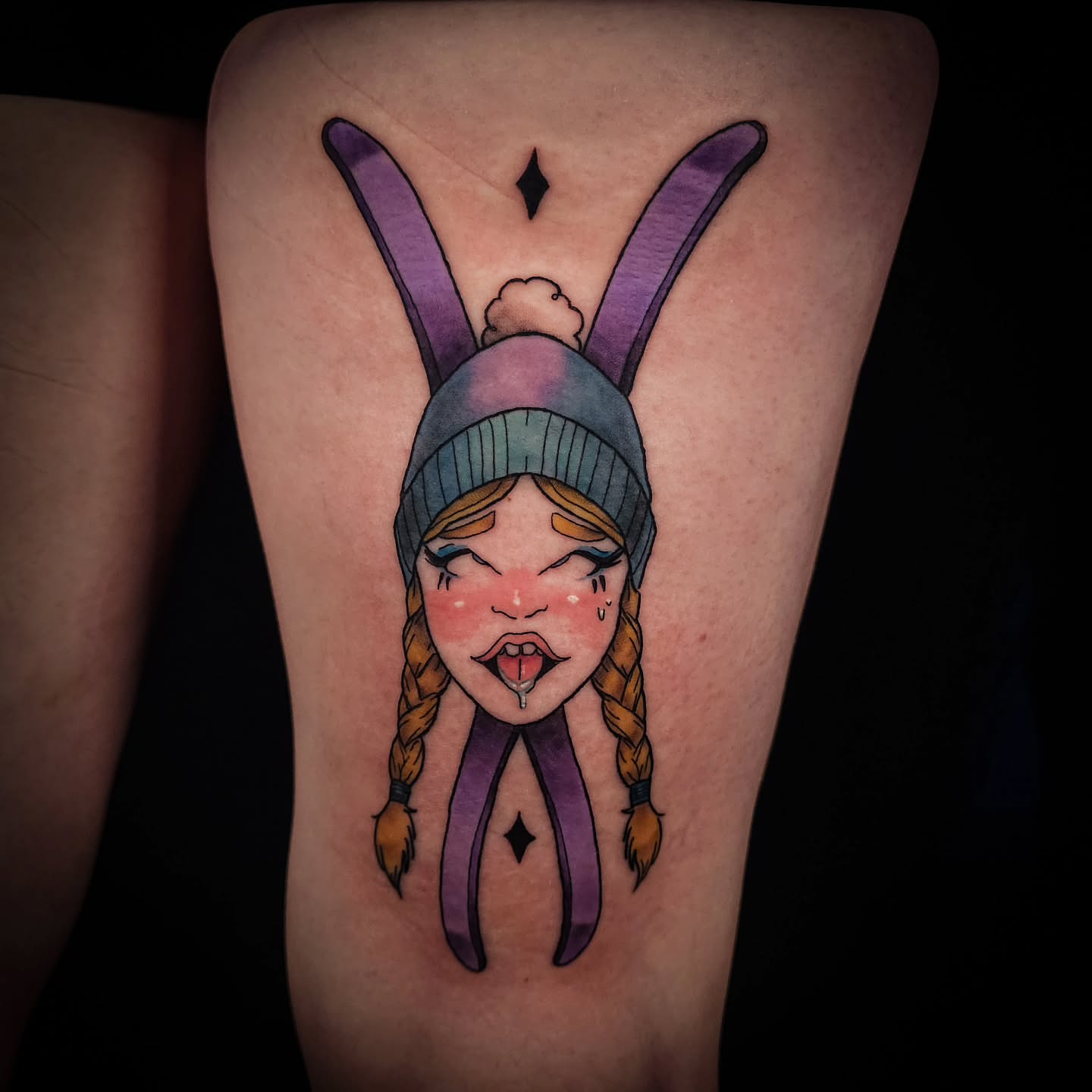 Girl wearing bunny ears illustrative tattoo on the forearm by Eva the Tattoo Fartist in Seattle, WA, Seattle, Washington