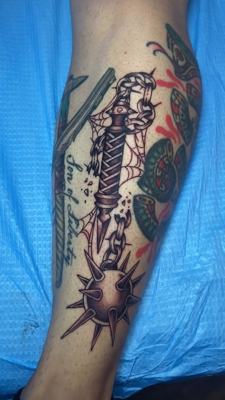 Mace and snake American traditional tattoo on the forearm by โ๏ธ ๐๐ฎ๐ฐ๐ธ๐ถ๐ฒ โ๏ธ