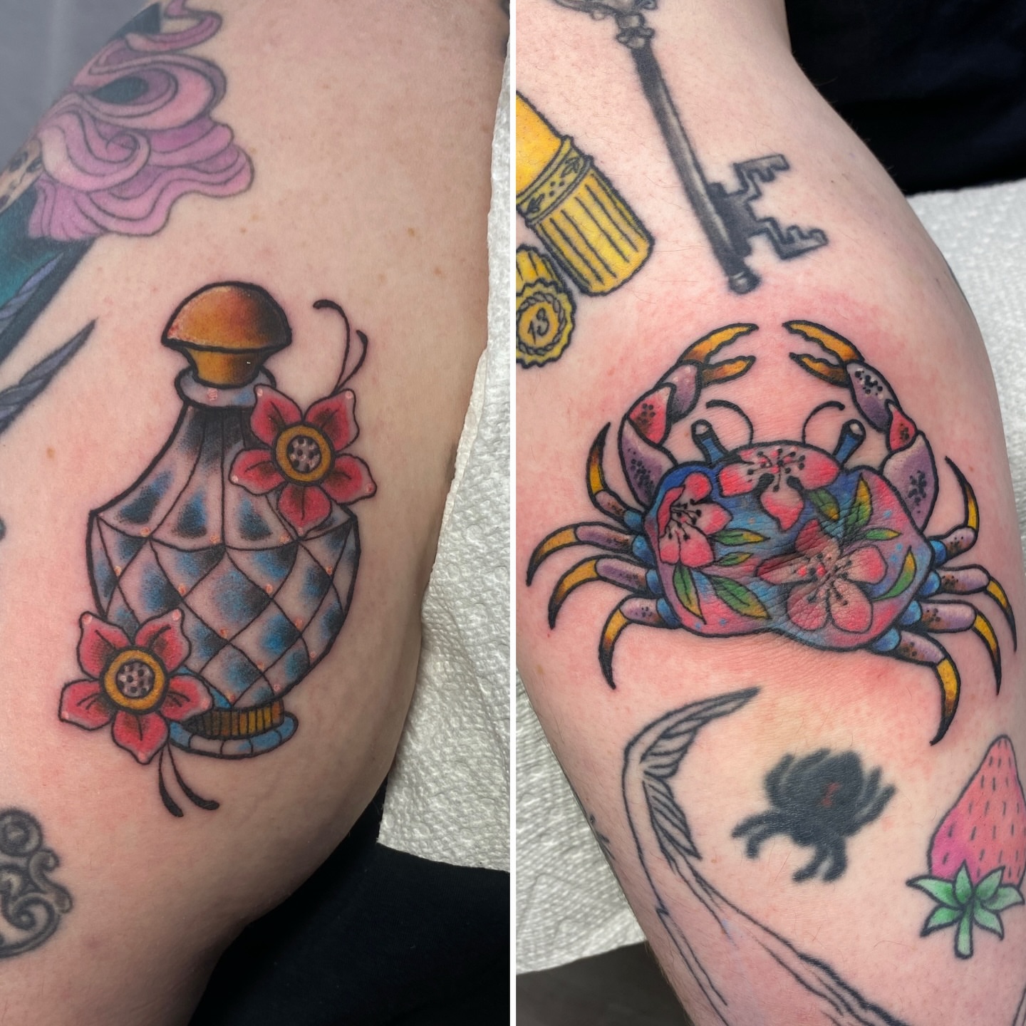 Perfume bottle and flowers American traditional tattoo on the upper arm by Mike Gorman - Portland Maine Tattoo Artist, Portland, Maine