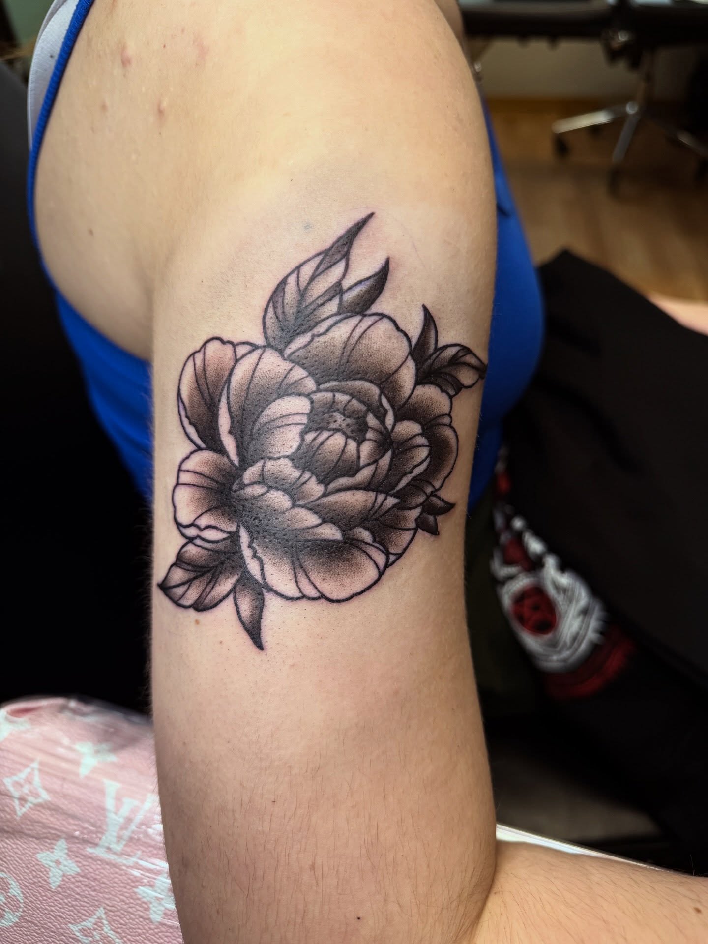 Peony black and grey tattoo on the forearm by Palmer Andrist🩸Fort Collins Tattoo Apprentice