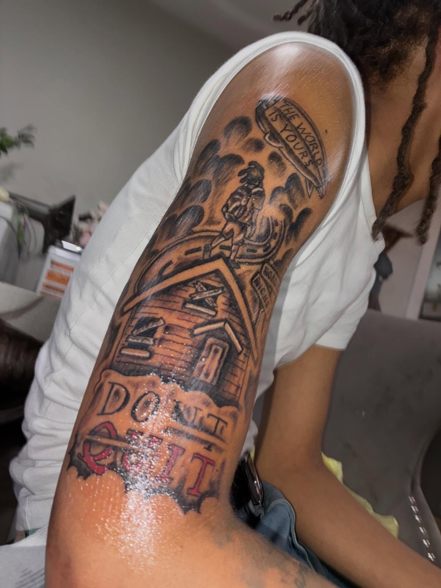 House and motivational text American traditional tattoo on the forearm by Sonya son tattoos and piercings