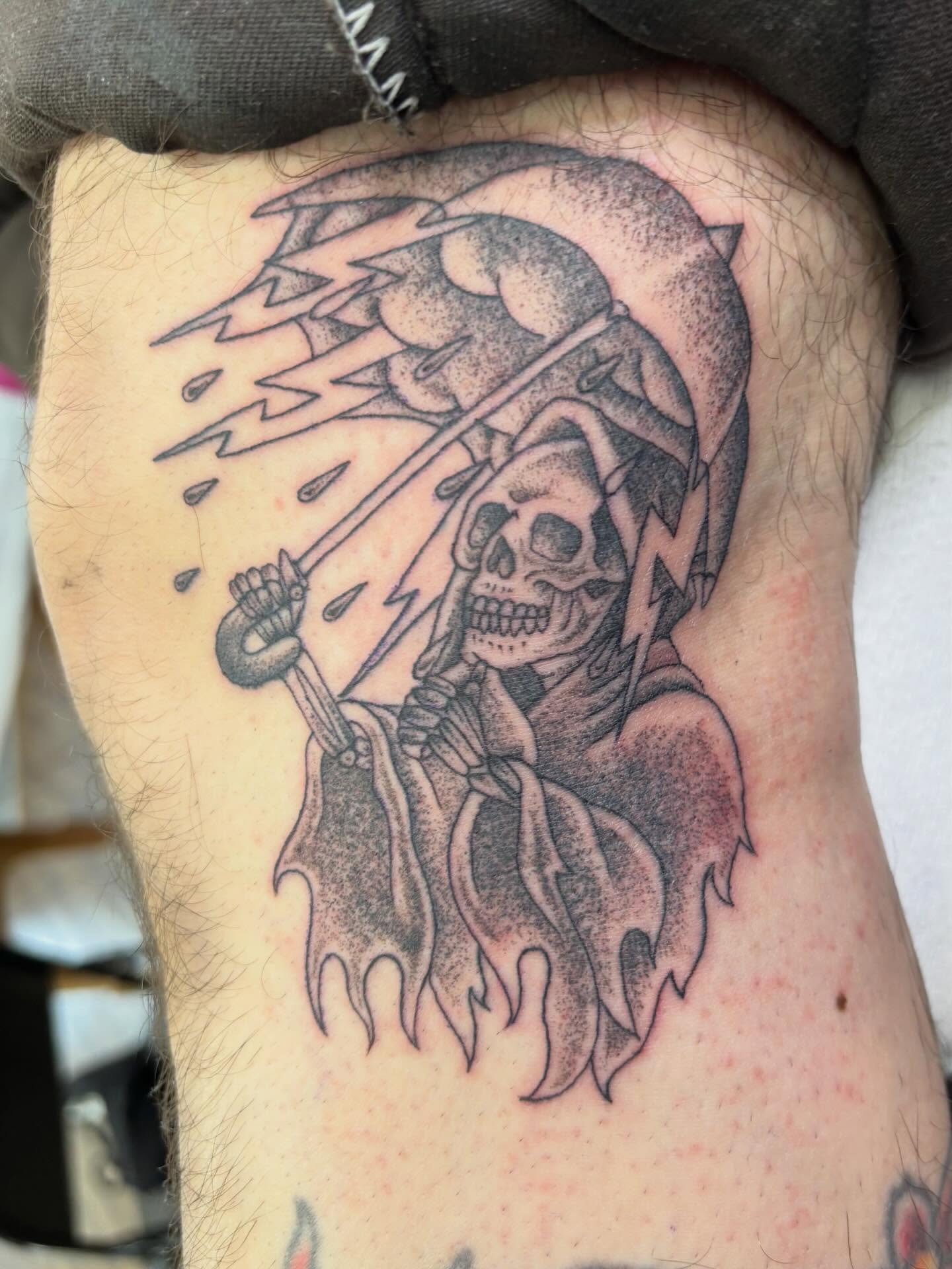 Reaper with scythe dotwork tattoo on the forearm by Jay