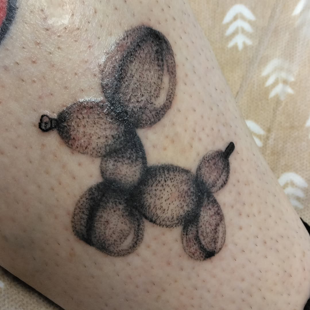 Balloon animal dotwork tattoo on the forearm by Malynda