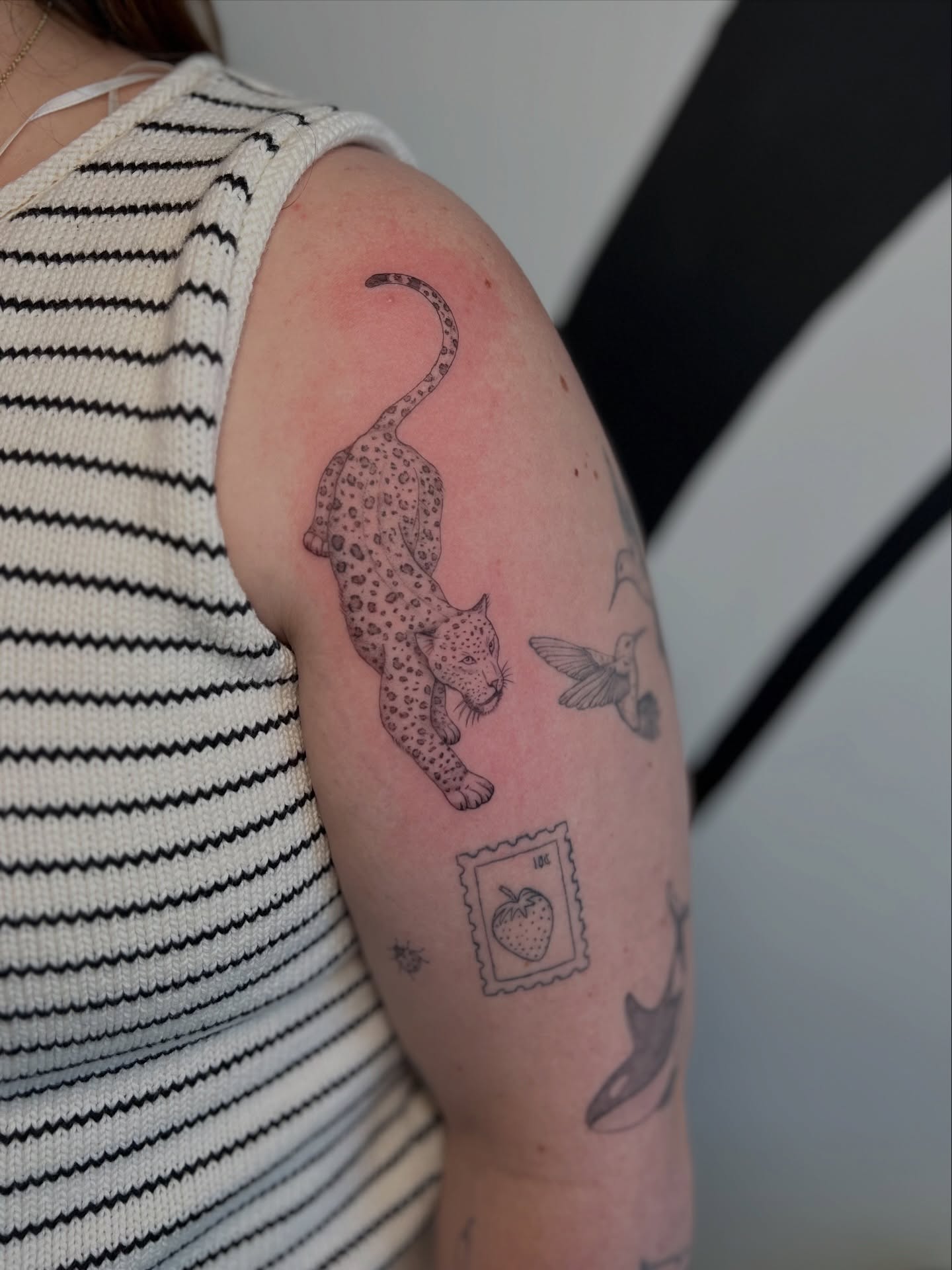 Leopard and hummingbird black and grey tattoo on the upper arm by ✿ 𝐉𝐮𝐝𝐢 ✿ 𝐒𝐋𝐂, 𝐔𝐓 𝐅𝐢𝐧𝐞 𝐋𝐢𝐧𝐞 𝐓𝐚𝐭𝐭𝐨𝐨𝐬