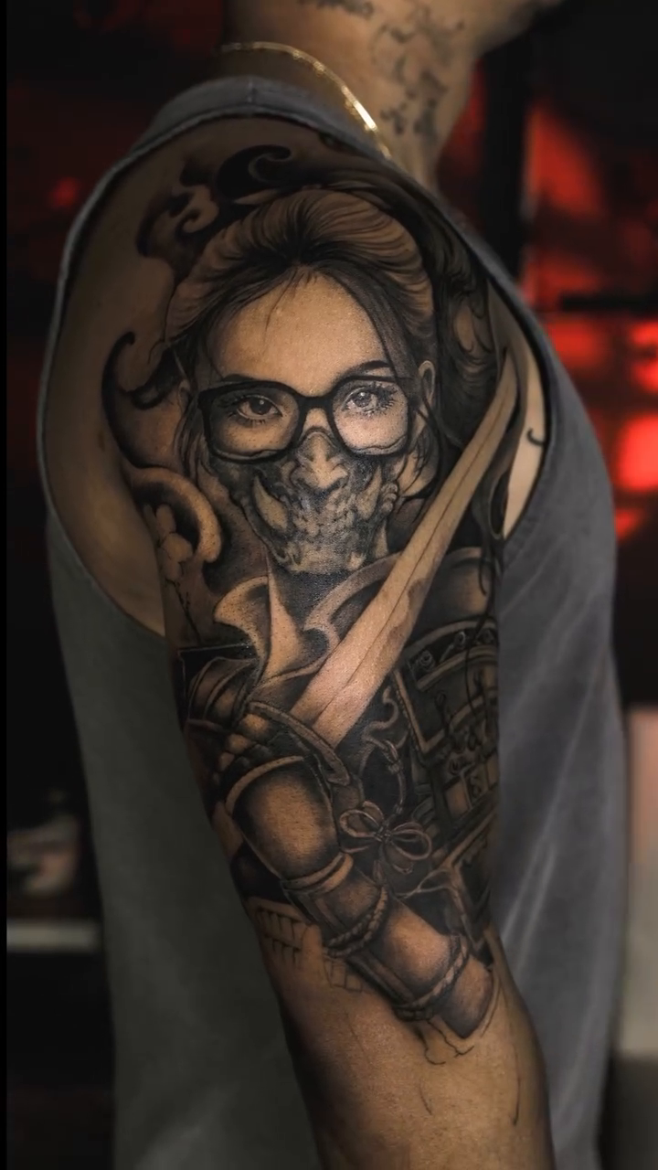 Woman with skull mask and sword dark realism tattoo by LaurenBeez