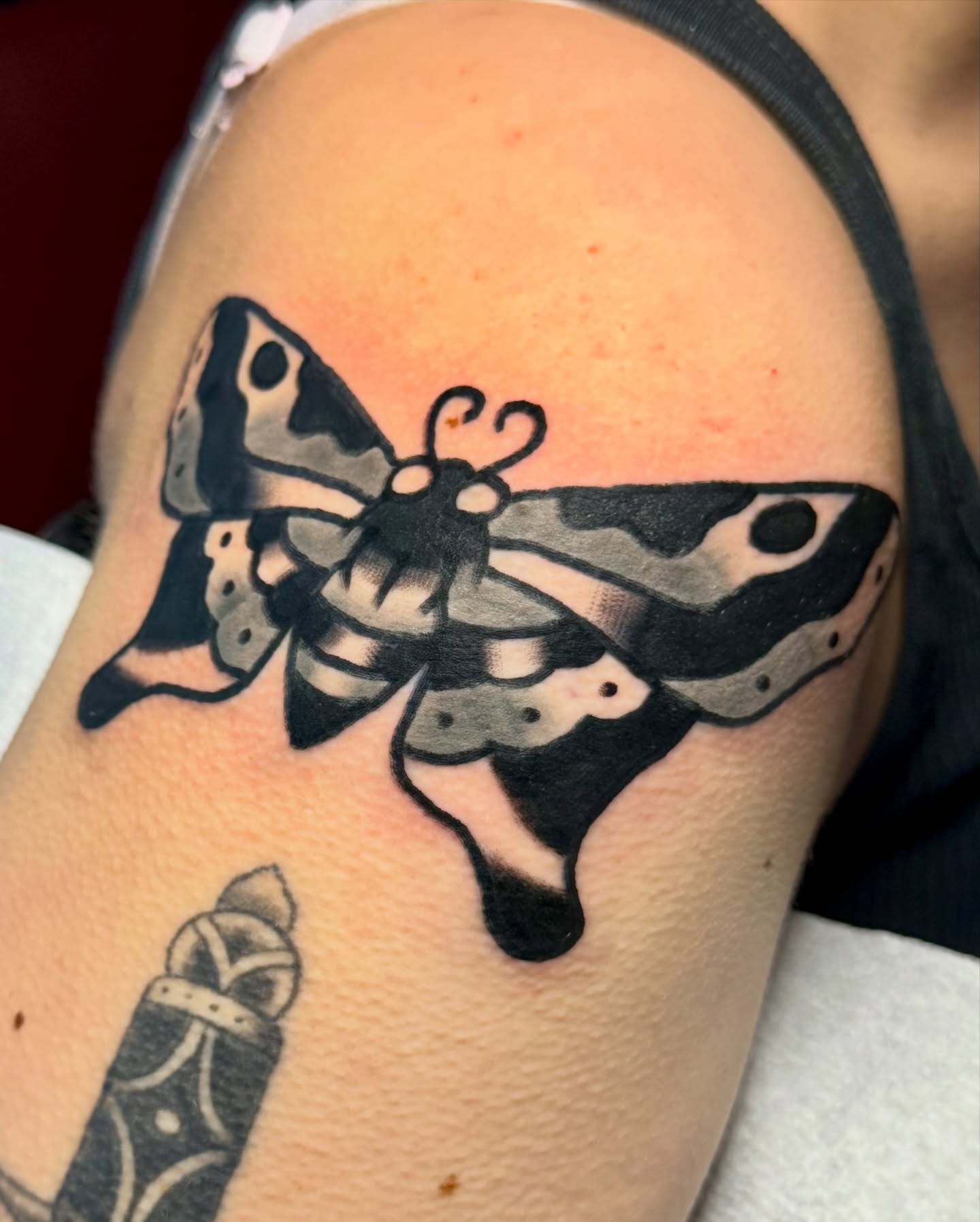 Moth black and grey tattoo on the shoulder by Javin Klingelhoefer Mosley