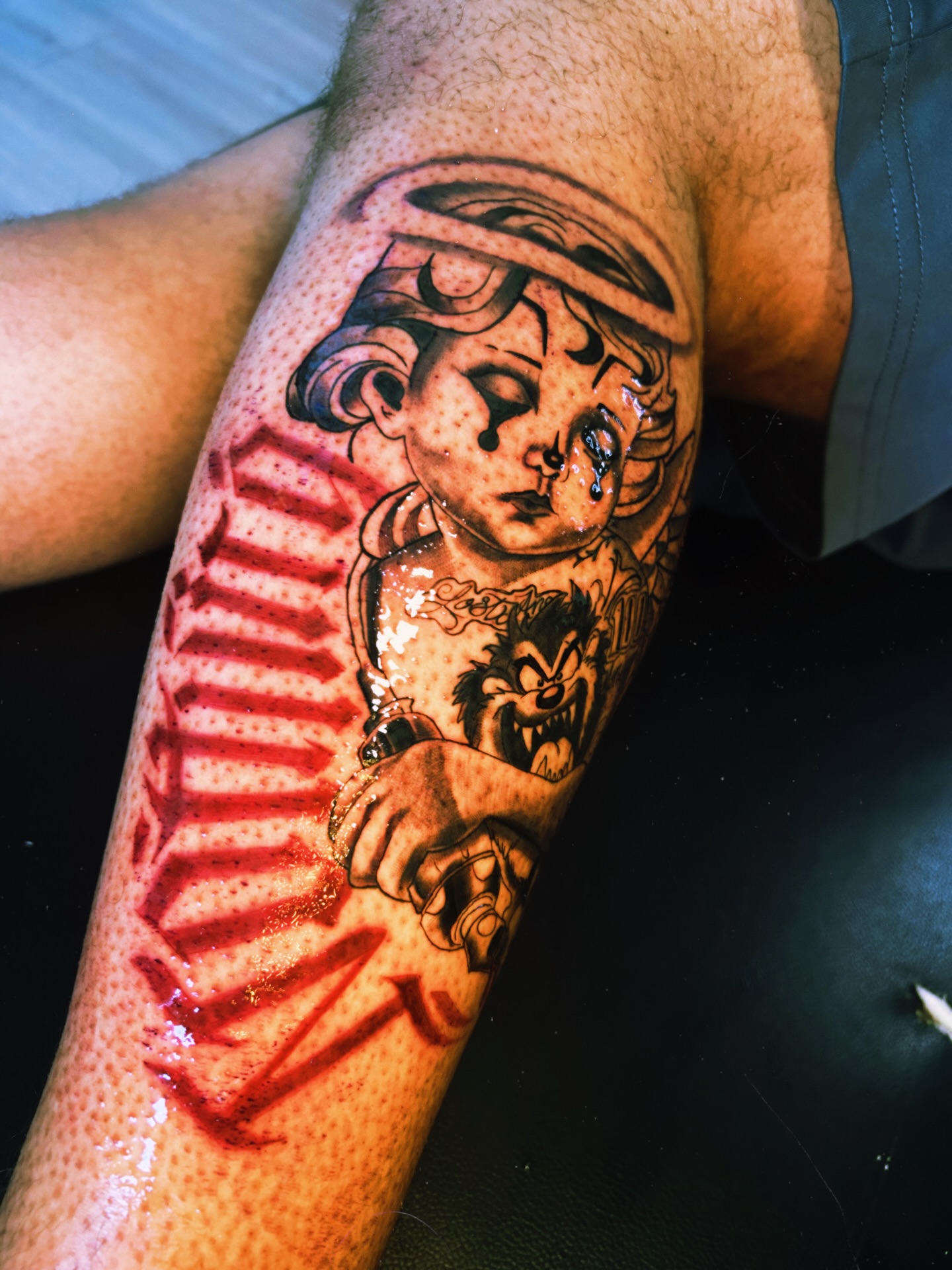 Child with mask American traditional tattoo on the forearm by Tito Cross ❤️‍🔥