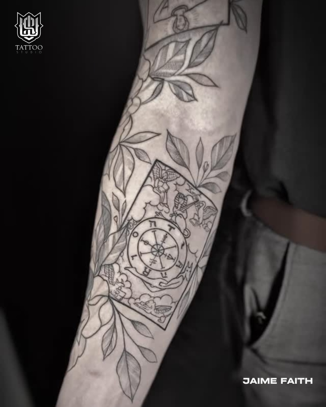 Tarot card black and grey tattoo on the forearm by 𝕭𝖆𝖇𝖊𝖔𝖓𝖙𝖍𝖊𝖒00𝖓🌙🪬, Colorado Springs, Colorado