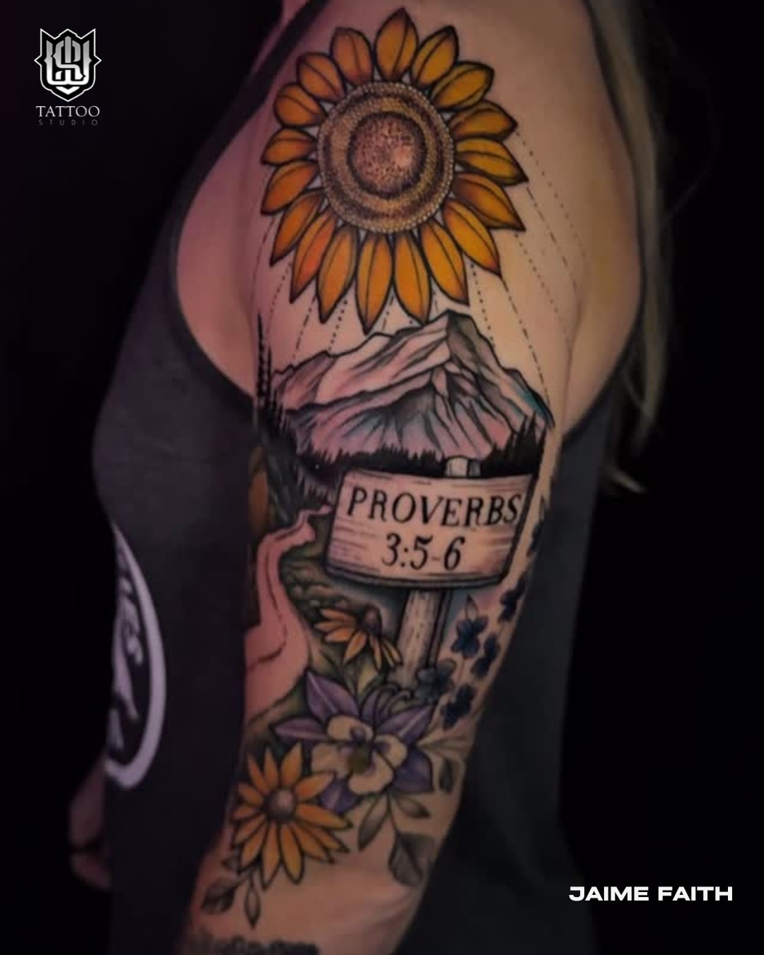 Sunflower and mountain landscape American traditional tattoo on the shoulder by 𝕭𝖆𝖇𝖊𝖔𝖓𝖙𝖍𝖊𝖒00𝖓🌙🪬, Colorado Springs, Colorado