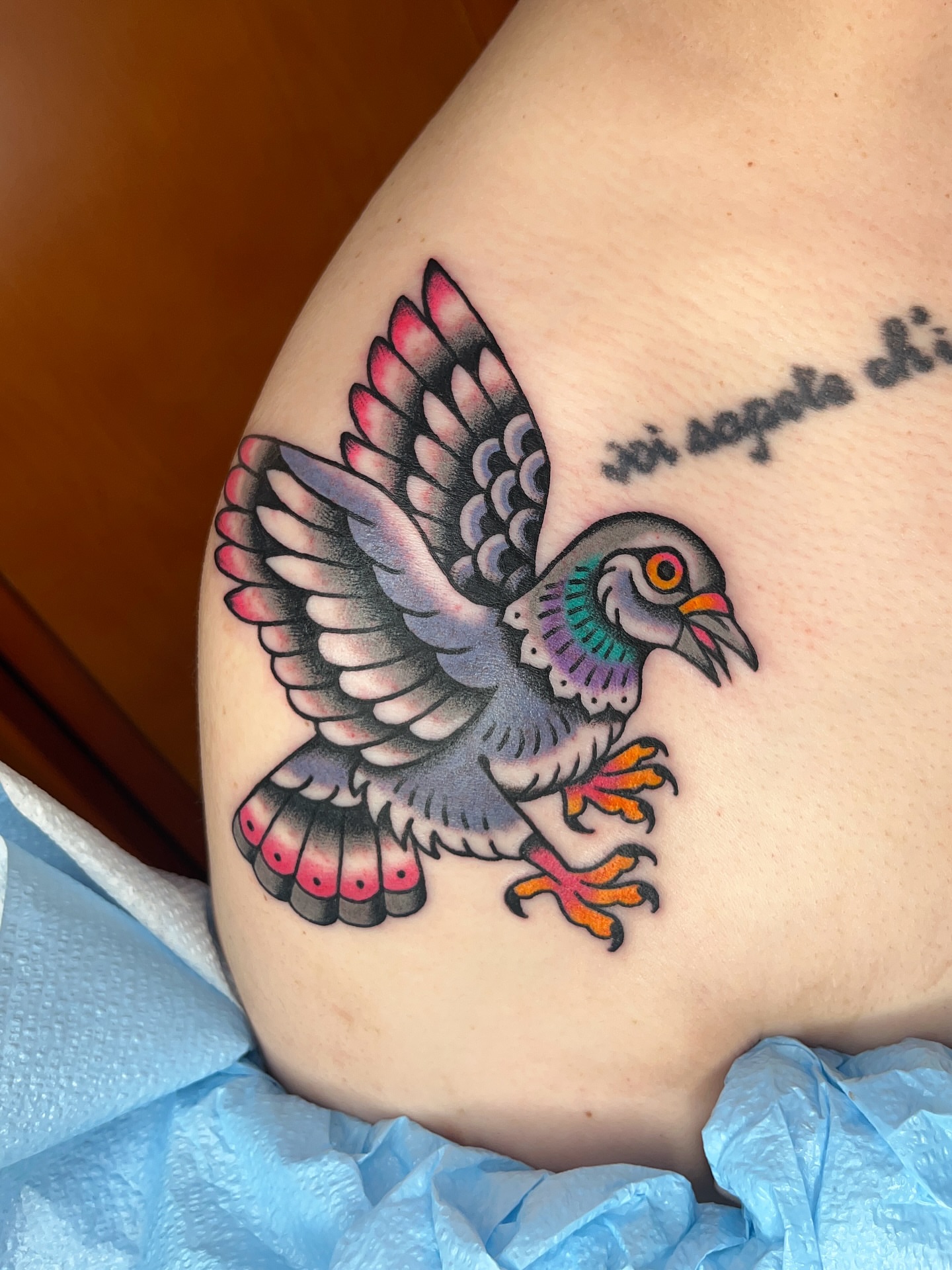 Bird American traditional tattoo on the shoulder by Nat Power