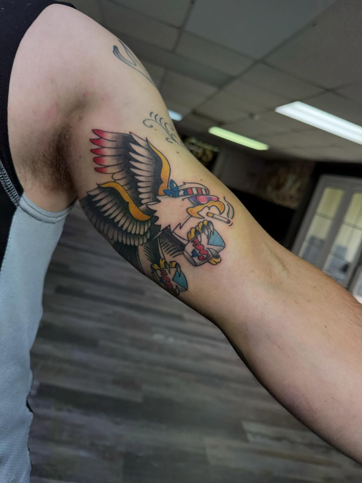 Winged creature American traditional tattoo on the forearm by ✶ teryn ✶, Akron, Ohio