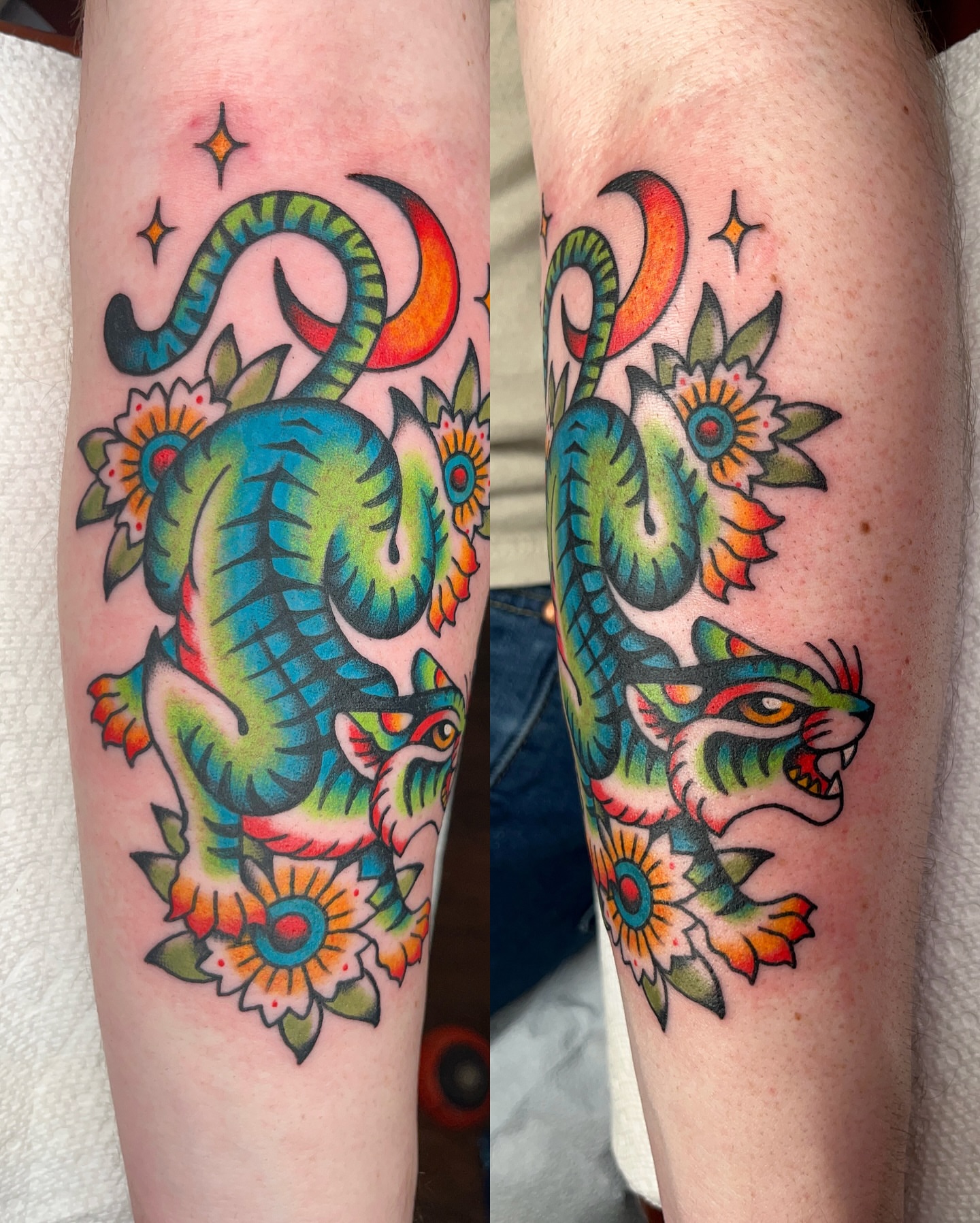 Serpent and flowers American traditional tattoo on the forearm by Nat Power