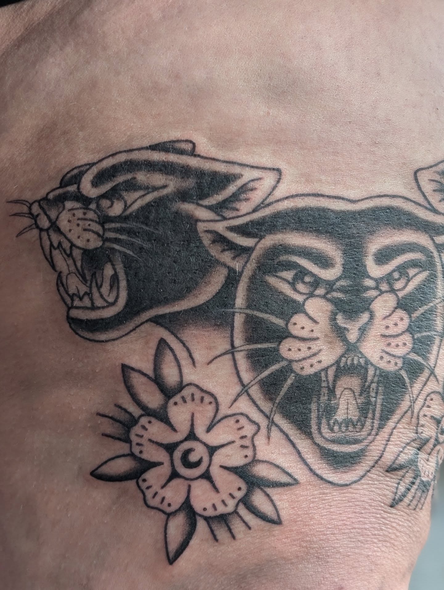 Panthers and flower American traditional tattoo on the chest by Alexandria Green
